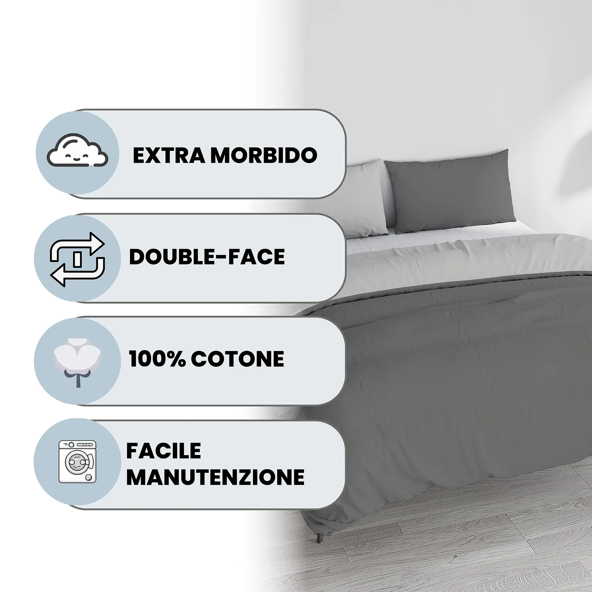 Italian Bed Linen Set Copripiumino 100% Cotone, 250x200 cm, Matrimoniale, Grigio Scuro/Grigio Chiaro - immagine 2