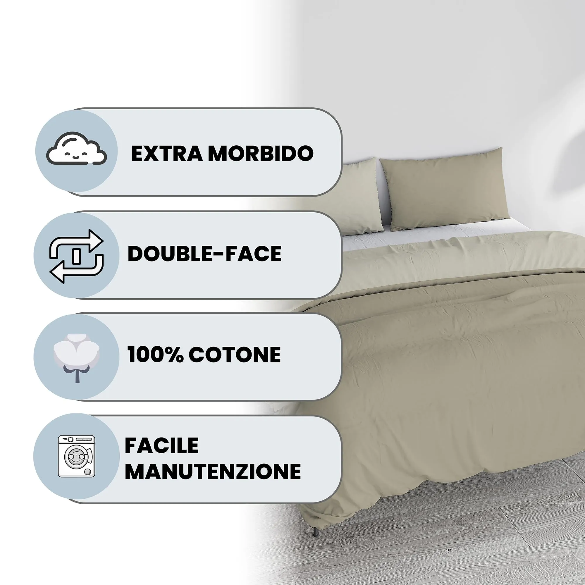 Italian Bed Linen Set Copripiumino 100% Cotone, Matrimoniale 250x200 cm, Tortora/Panna - immagine 2