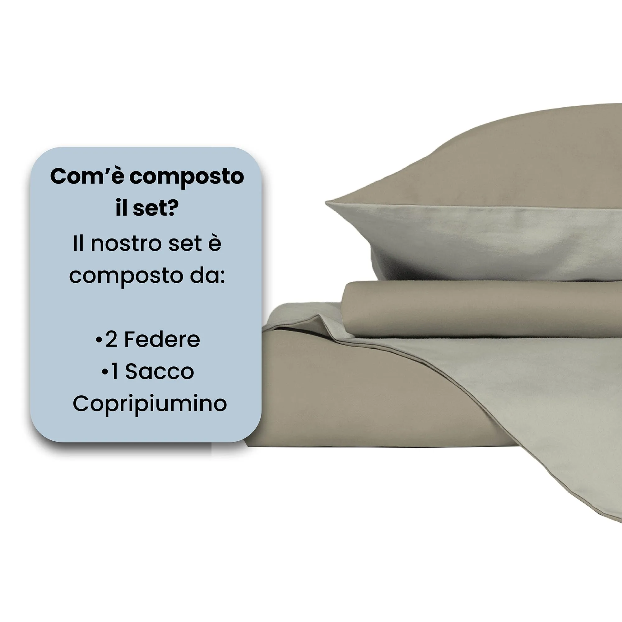 Italian Bed Linen Set Copripiumino 100% Cotone, Matrimoniale 250x200 cm, Tortora/Panna - immagine 4