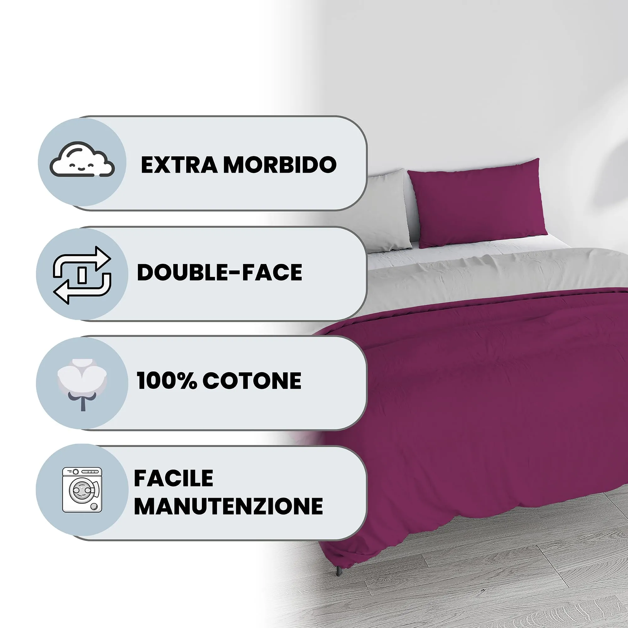 Italian Bed Linen Set Copripiumino 100% Cotone Natural Color, Matrimoniale, 250x200 cm, Fucsia/Grigio Chiaro - immagine 2