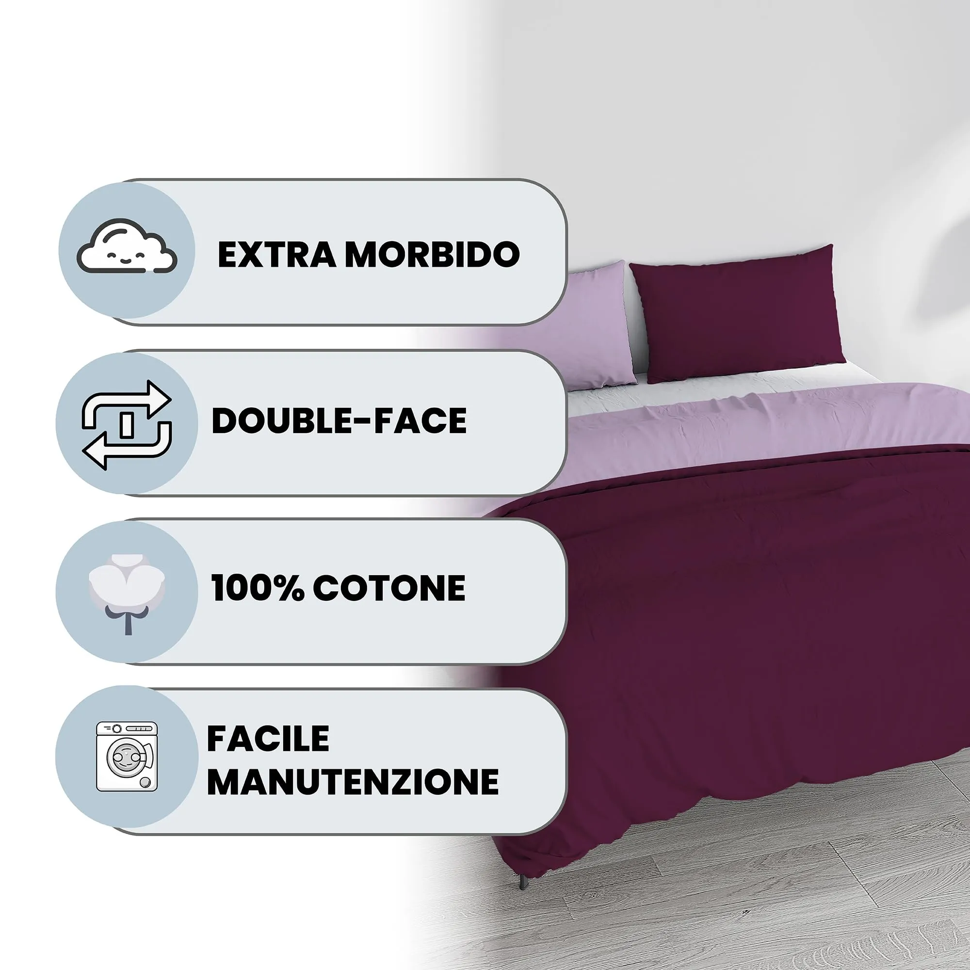 Italian Bed Linen Set Copripiumino 100% Cotone, Matrimoniale, 250x200 cm, Prugna/Lilla - immagine 2