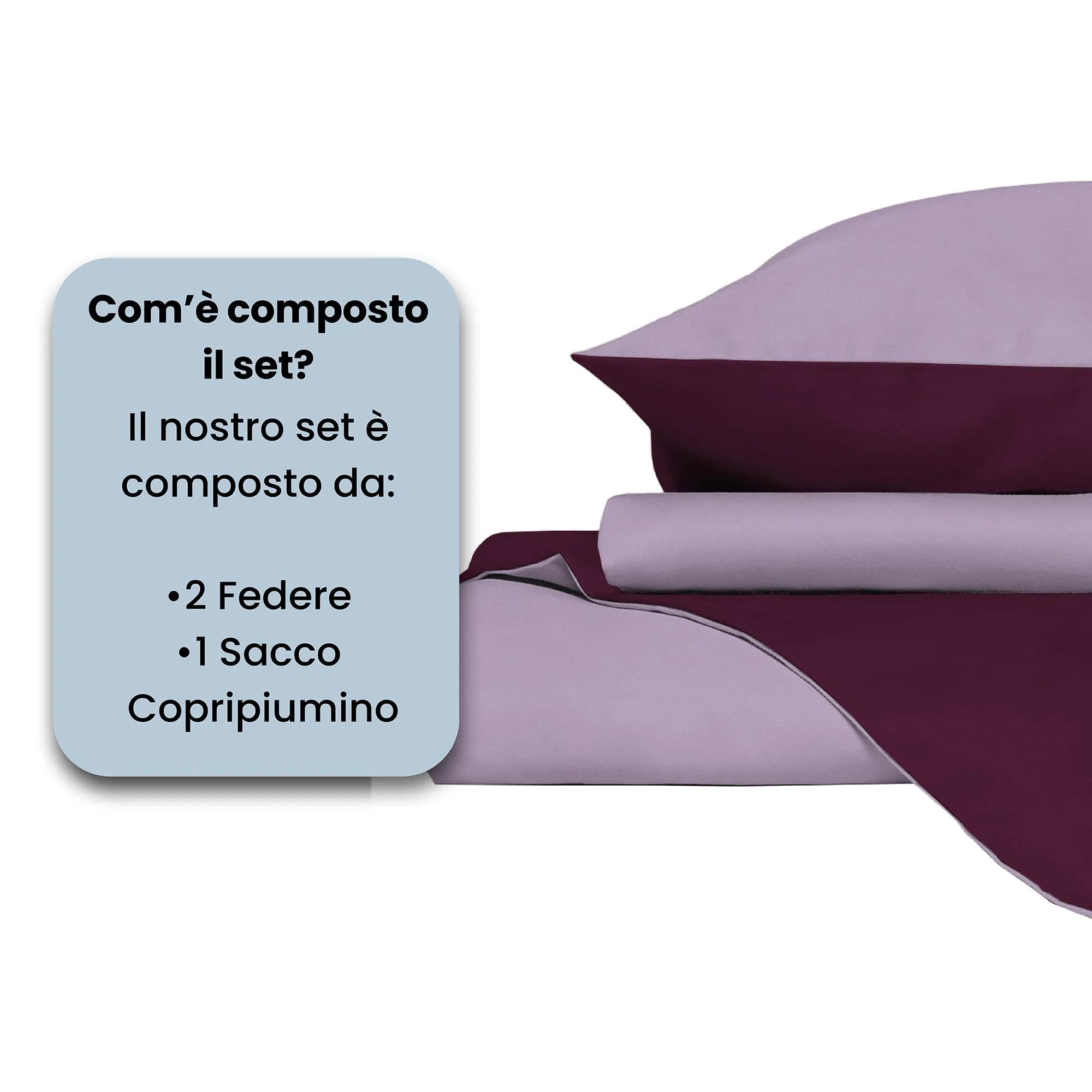 Italian Bed Linen Set Copripiumino 100% Cotone, Matrimoniale, 250x200 cm, Prugna/Lilla - immagine 4