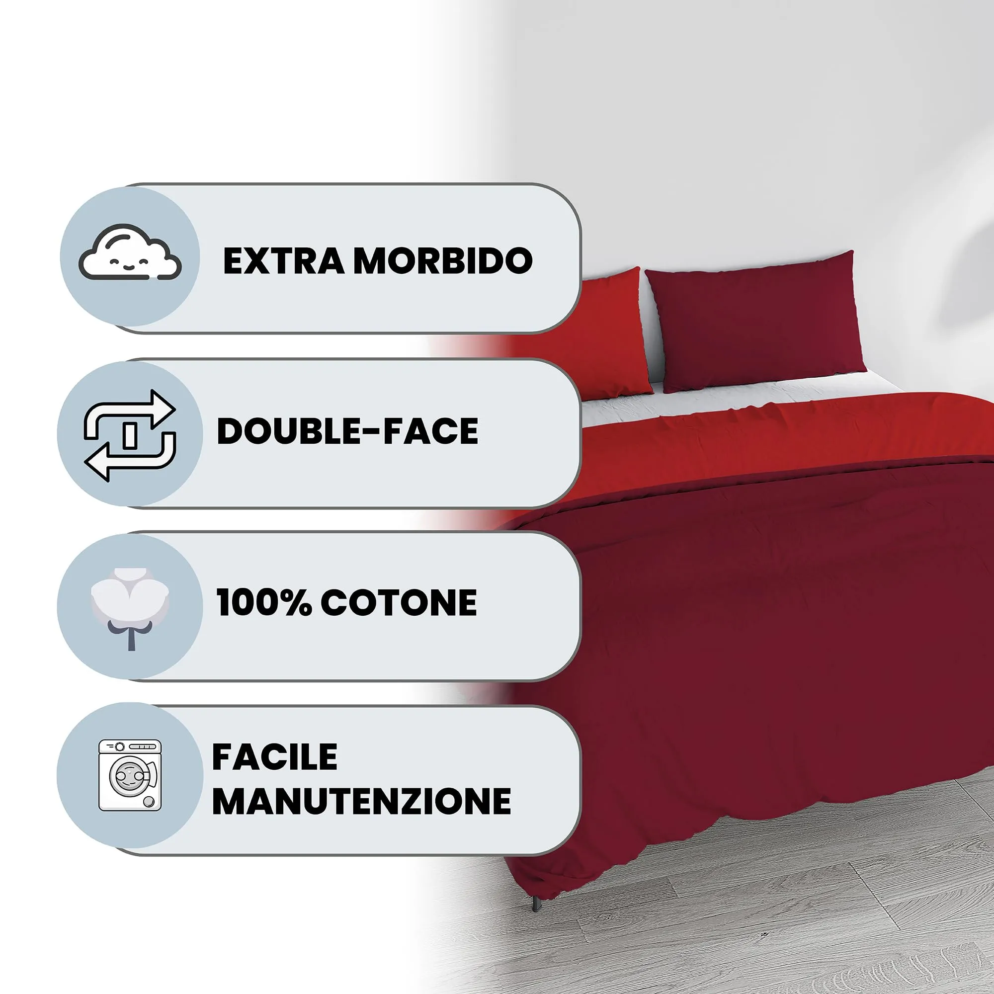 Italian Bed Linen Set Copripiumino 100% Cotone, 250x200 cm, Matrimoniale, Bordeaux/Rosso - immagine 2
