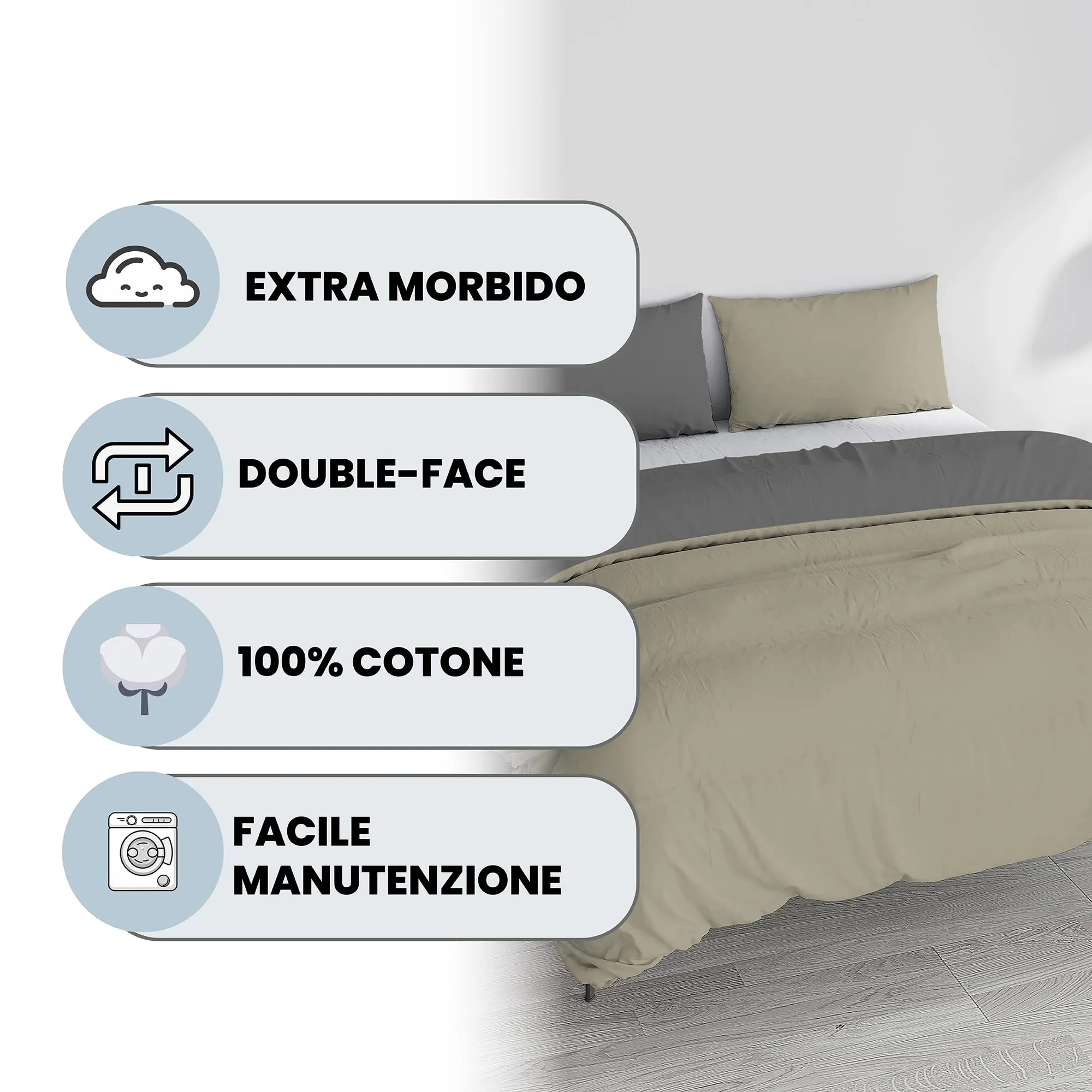 Italian Bed Linen Set Copripiumino 100% Cotone Natural Color, Matrimoniale, 250x200 cm, Tortora/Grigio Scuro - immagine 2