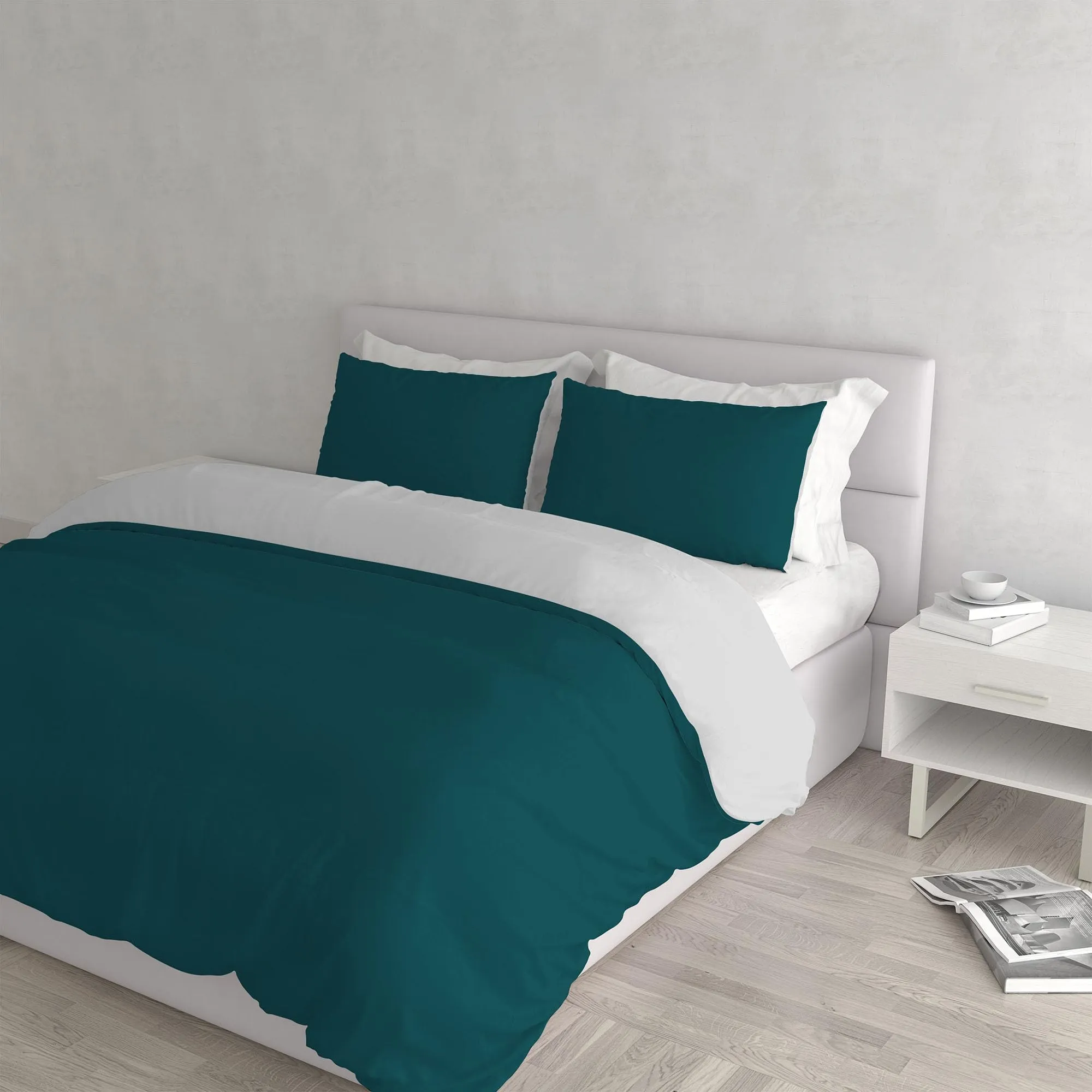 Italian Bed Linen Set Copripiumino 100% Cotone, Matrimoniale, 250x200 cm, Verde Petrolio/Grigio Chiaro - immagine 1