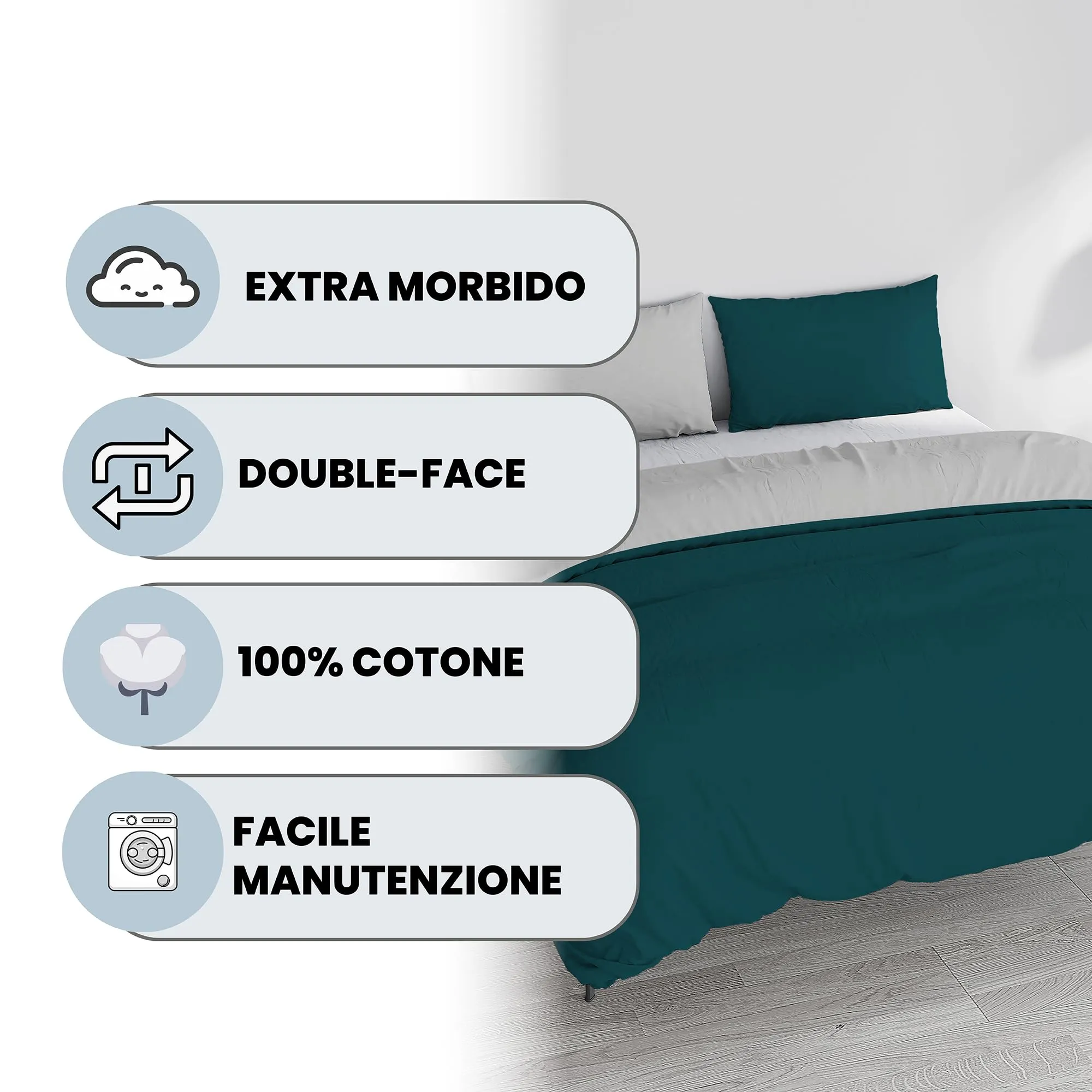Italian Bed Linen Set Copripiumino 100% Cotone, Matrimoniale, 250x200 cm, Verde Petrolio/Grigio Chiaro - immagine 2
