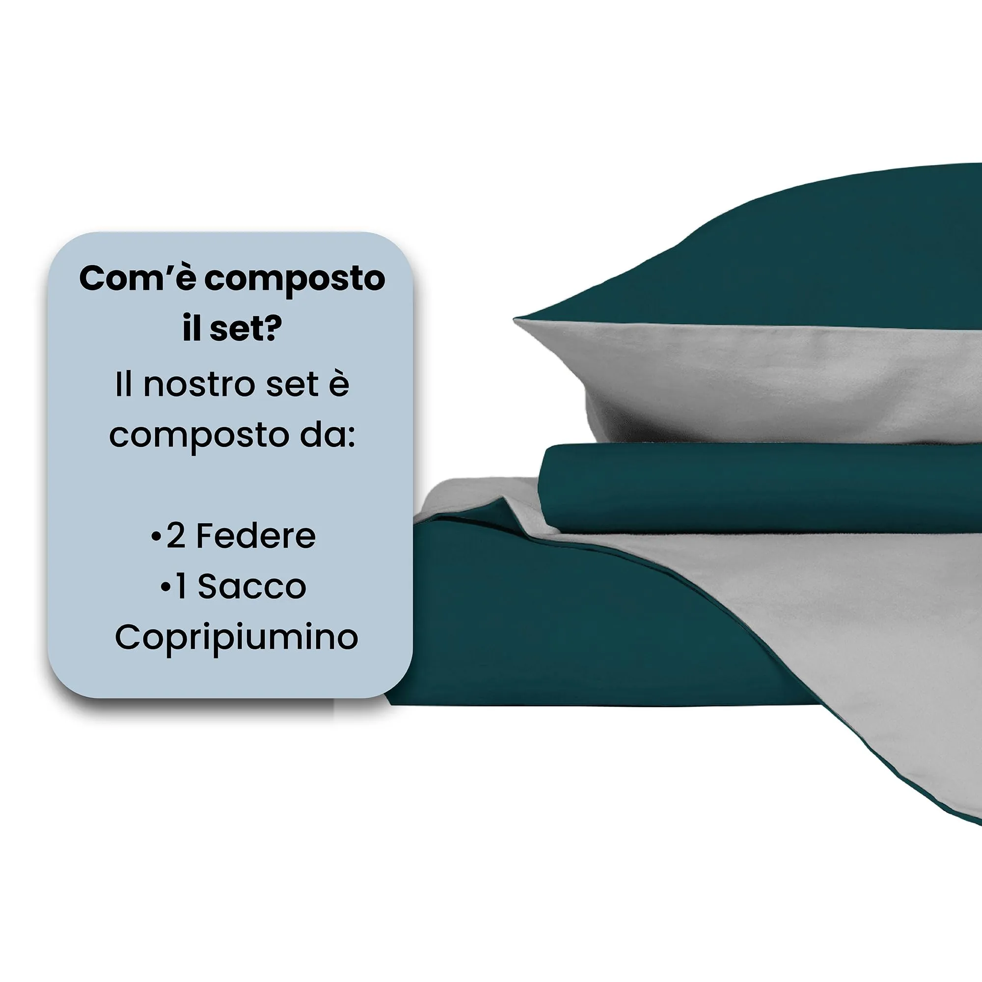 Italian Bed Linen Set Copripiumino 100% Cotone, Matrimoniale, 250x200 cm, Verde Petrolio/Grigio Chiaro - immagine 4