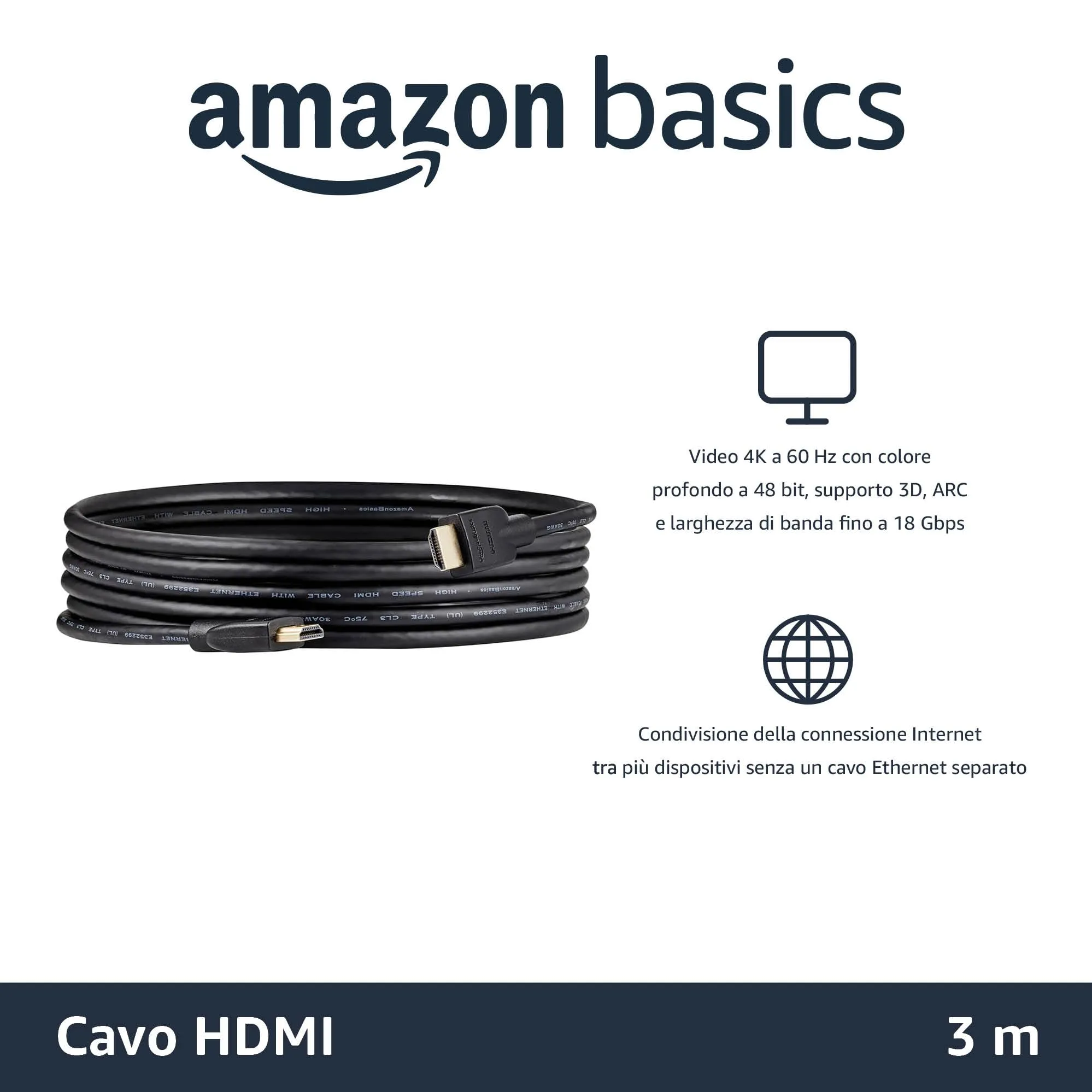 Amazon Basics Cavi HDMI 4K con Ethernet, 3 m, 18 Gbps, 4K@60 Hz, 2160p, Nero (Confezione da 3) - immagine 2