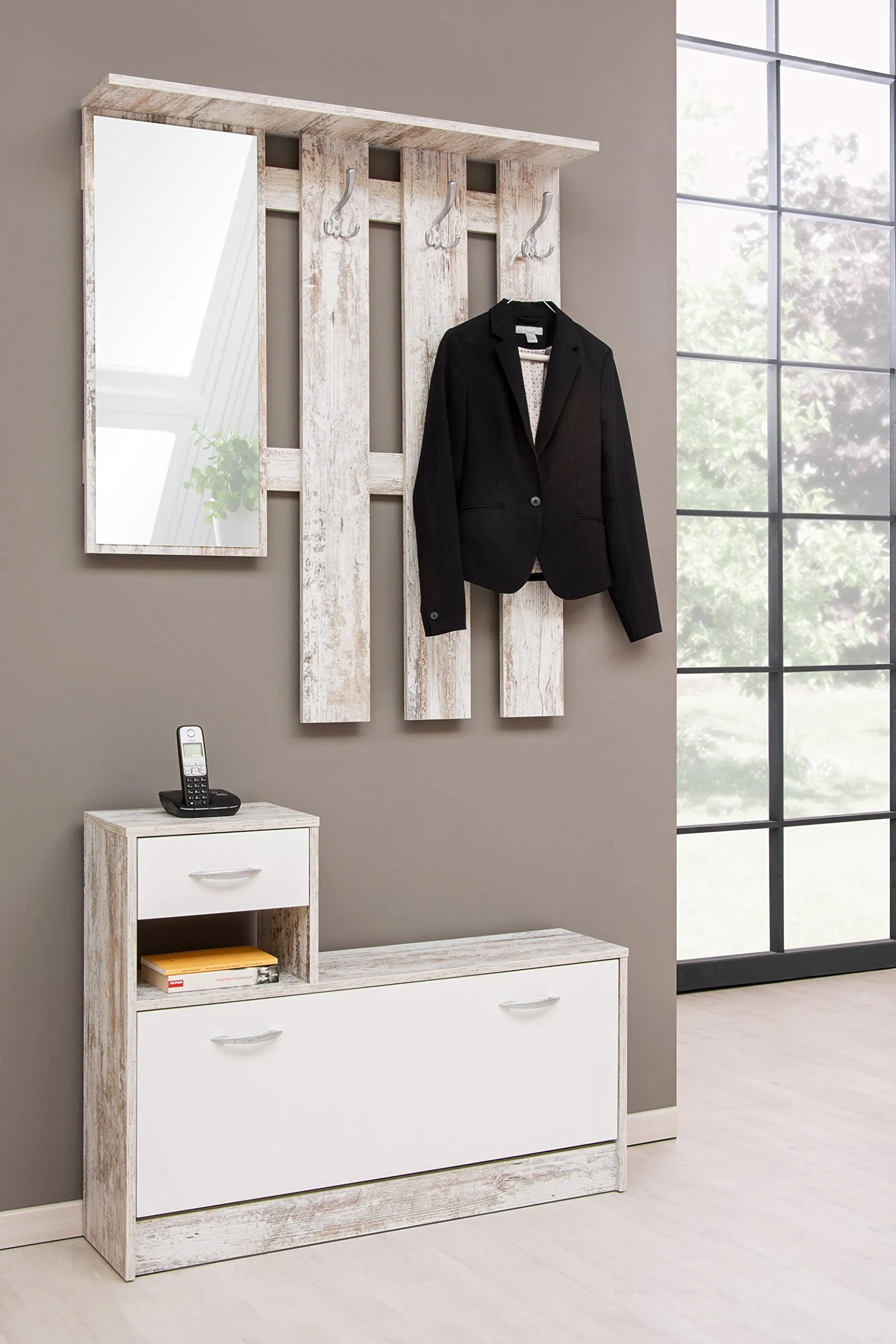 Avanti Trendstore Rudolf Guardaroba da Ingresso con Specchio, 3 Ganci e Scarpiera - Fresco - immagine 1
