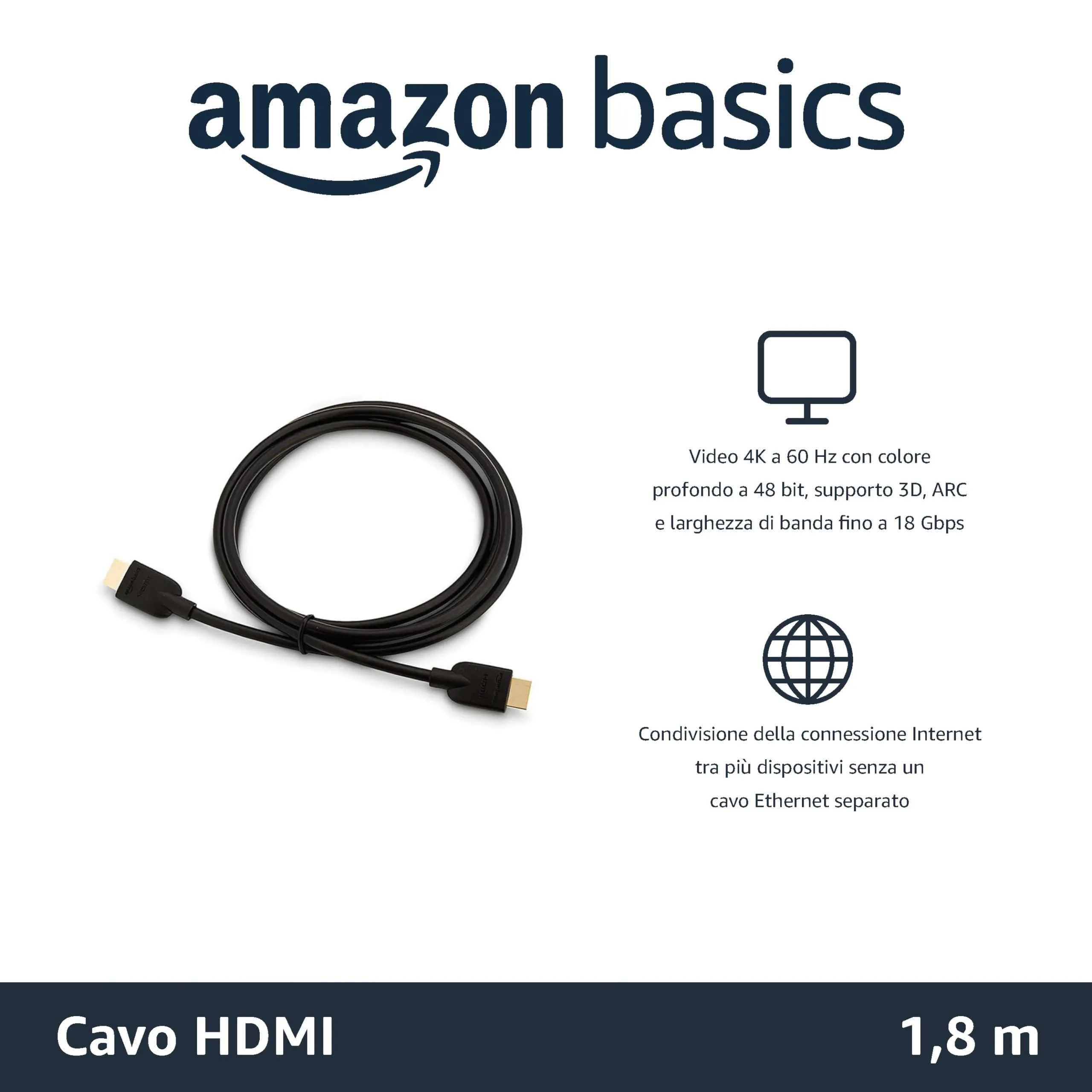 Amazon Basics Cavi HDMI 4K Alta Velocità con Ethernet, 1.8 m, 18 Gbps, 4K@60 Hz, Nero (Confezione da 3) - immagine 2