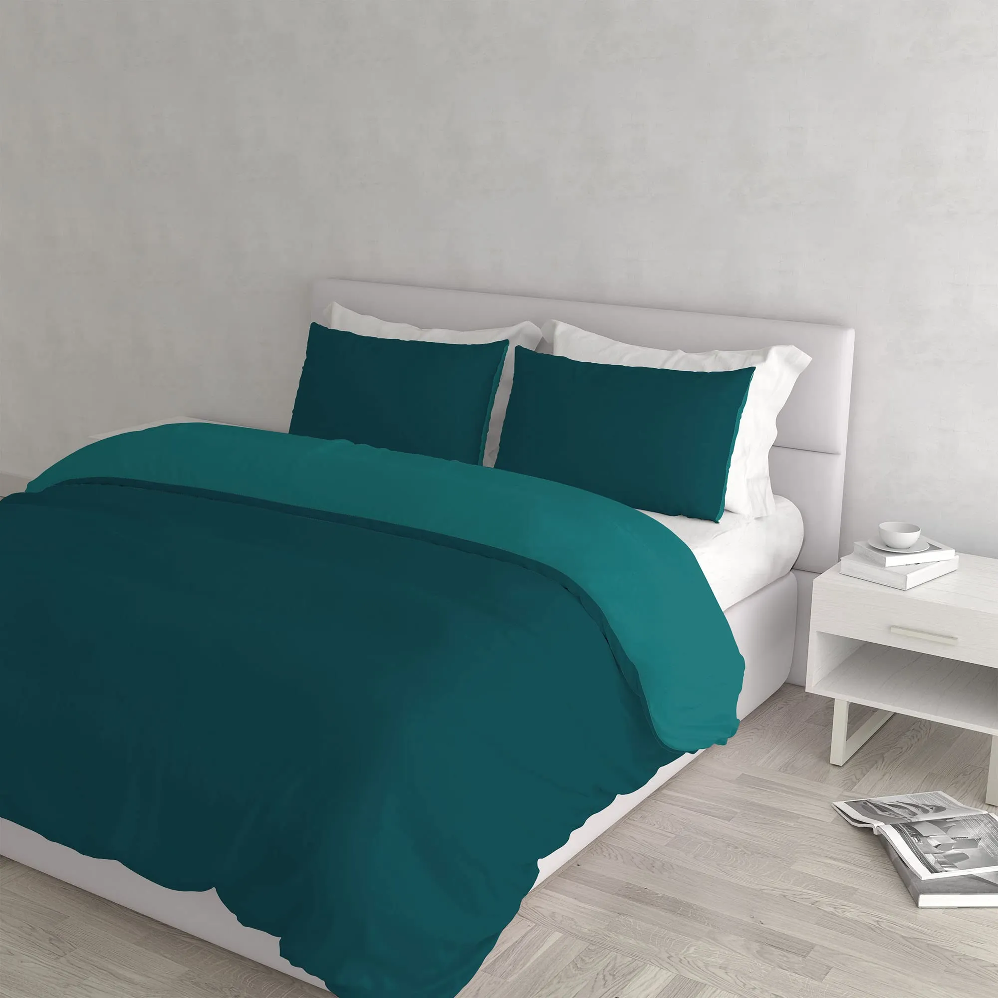 Italian Bed Linen Set Copripiumino 100% Cotone, Matrimoniale, 250x200 cm, Verde Petrolio/Verde Bottiglia - immagine 1