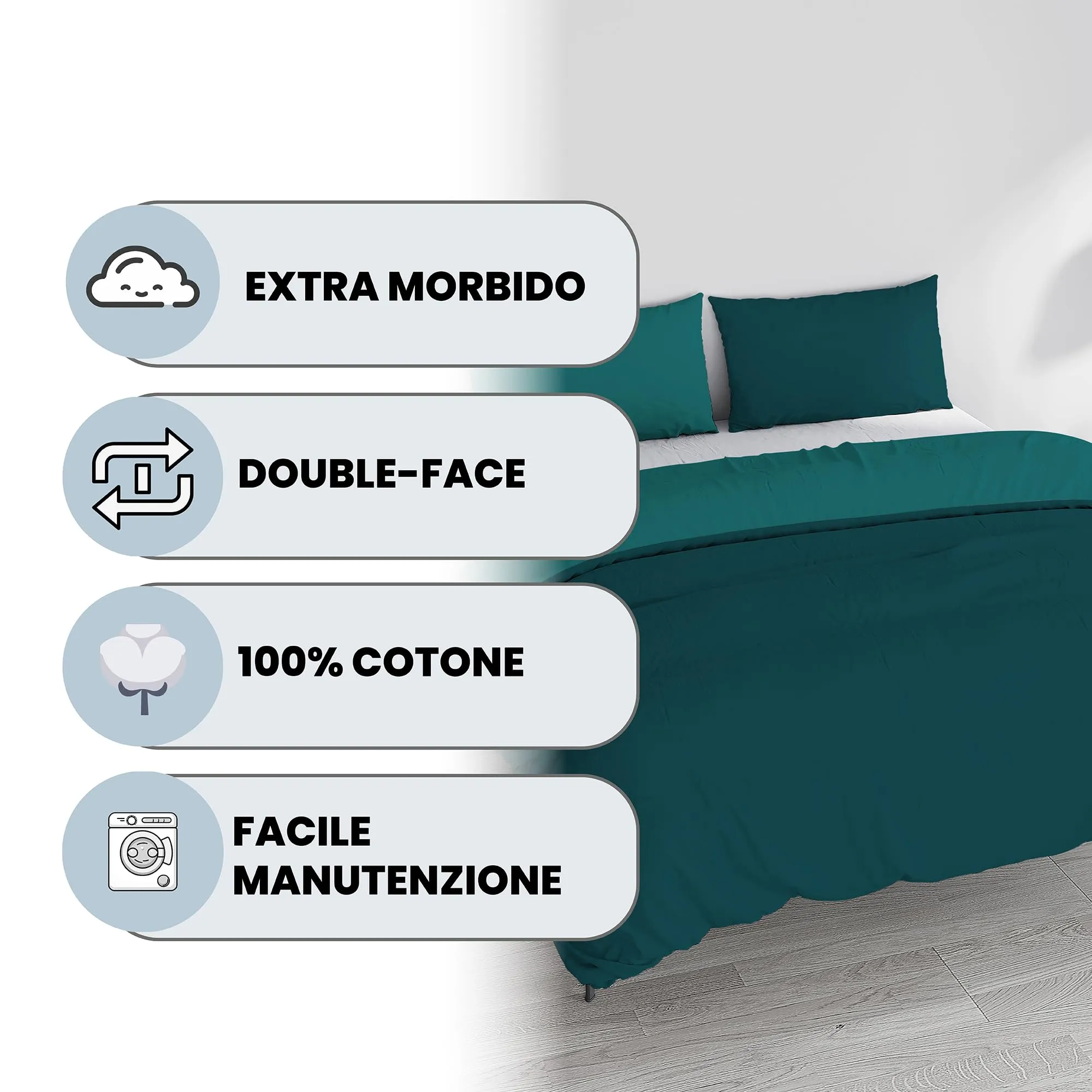 Italian Bed Linen Set Copripiumino 100% Cotone, Matrimoniale, 250x200 cm, Verde Petrolio/Verde Bottiglia - immagine 2