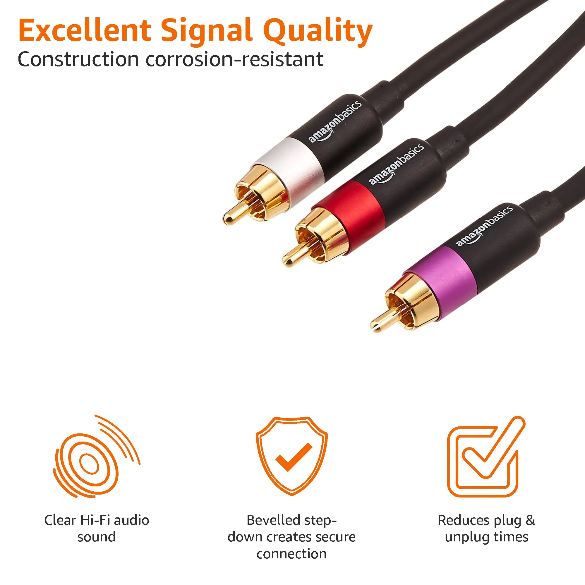 Amazon Basics Cavo audio RCA 1 maschio a 2 maschi, connettori placcati oro, 2.4 m, nero - immagine 3