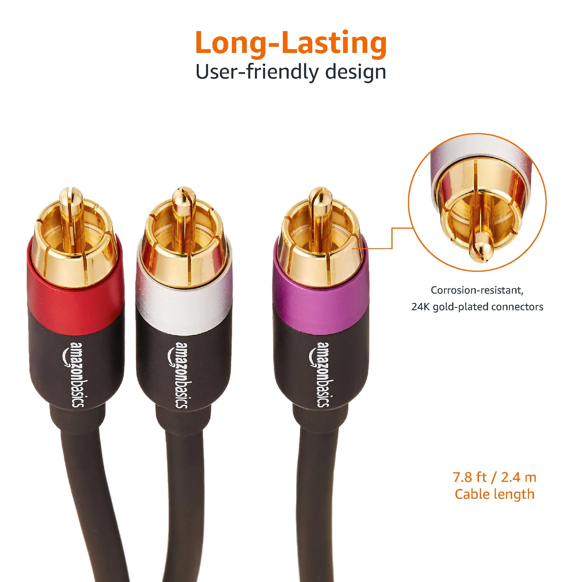 Amazon Basics Cavo audio RCA 1 maschio a 2 maschi, connettori placcati oro, 2.4 m, nero - immagine 5