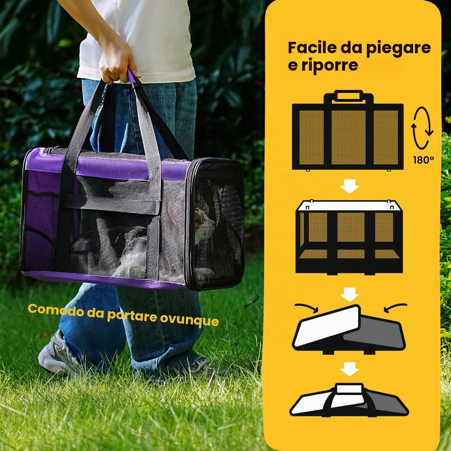 Conlun Trasportino per Gatti e Cani Pieghevole, Rete su 4 Lati, Approvato per Aereo, fino a 6 Kg, Viola - immagine 6