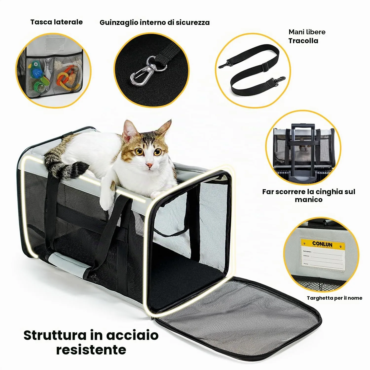 Conlun Trasportino per Gatti e Cani Pieghevole, Rete su 4 Lati, Approvato per l'Uso in Aereo, fino a 6 Kg, Grigio - immagine 5