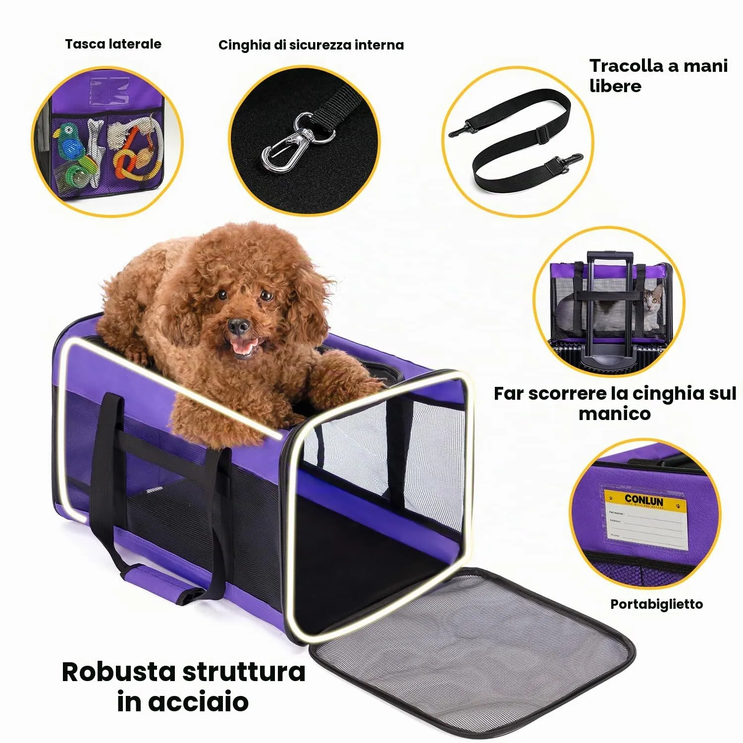 Conlun Trasportino Morbido per Cani e Gatti, Zaino da Viaggio Pieghevole, Taglia L, Viola - immagine 3