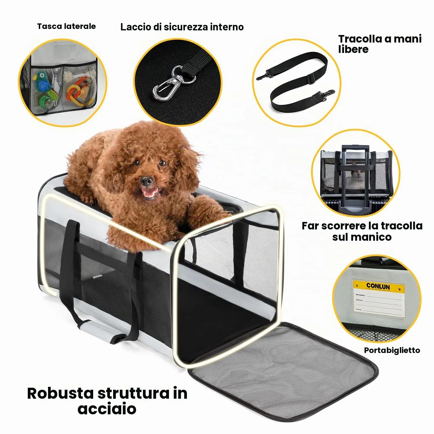 Conlun Trasportino Morbido per Cani e Gatti, Taglia L, Grigio - immagine 4
