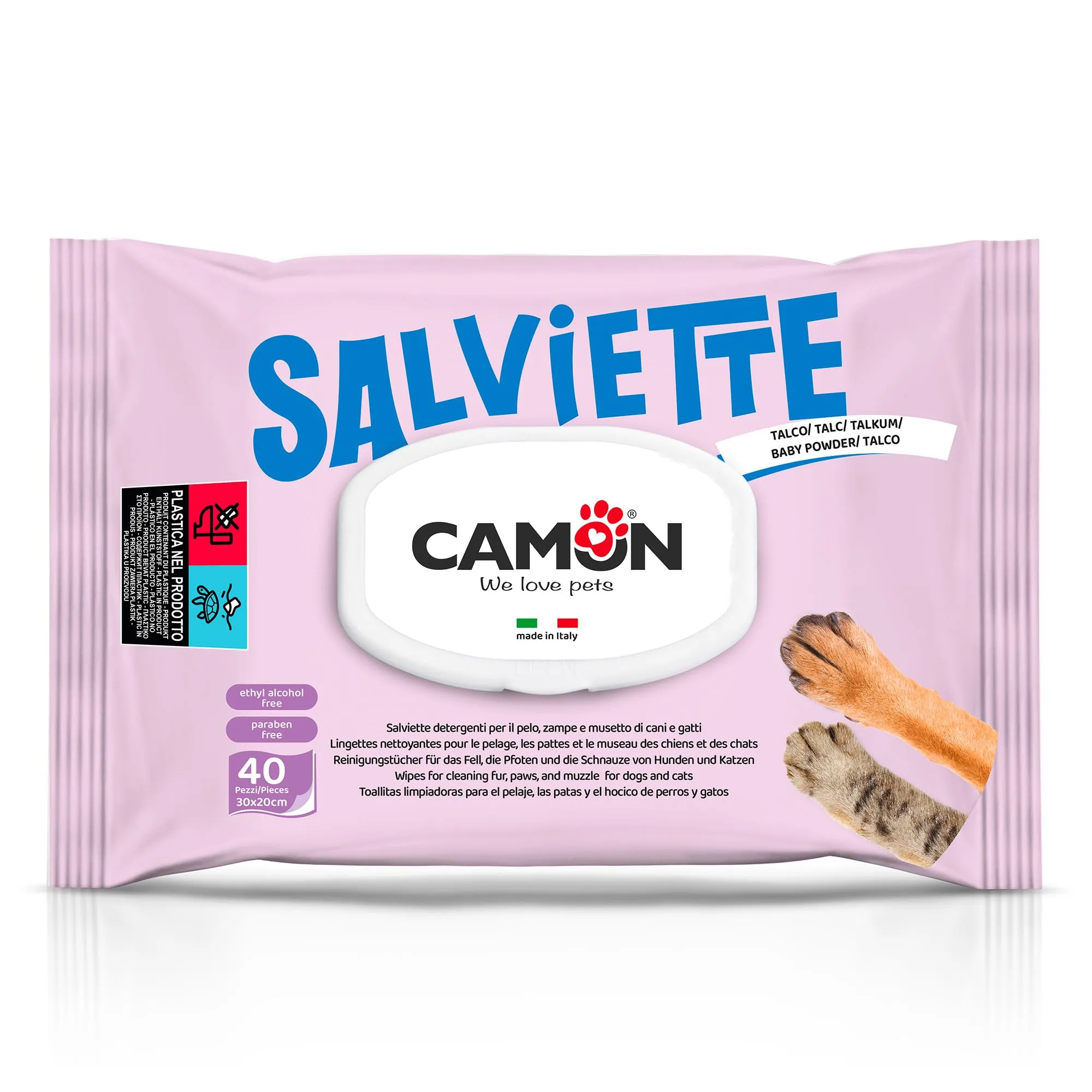 Camon Salviette Detergenti per Cani e Gatti, Talco, 30x20 cm - immagine 1