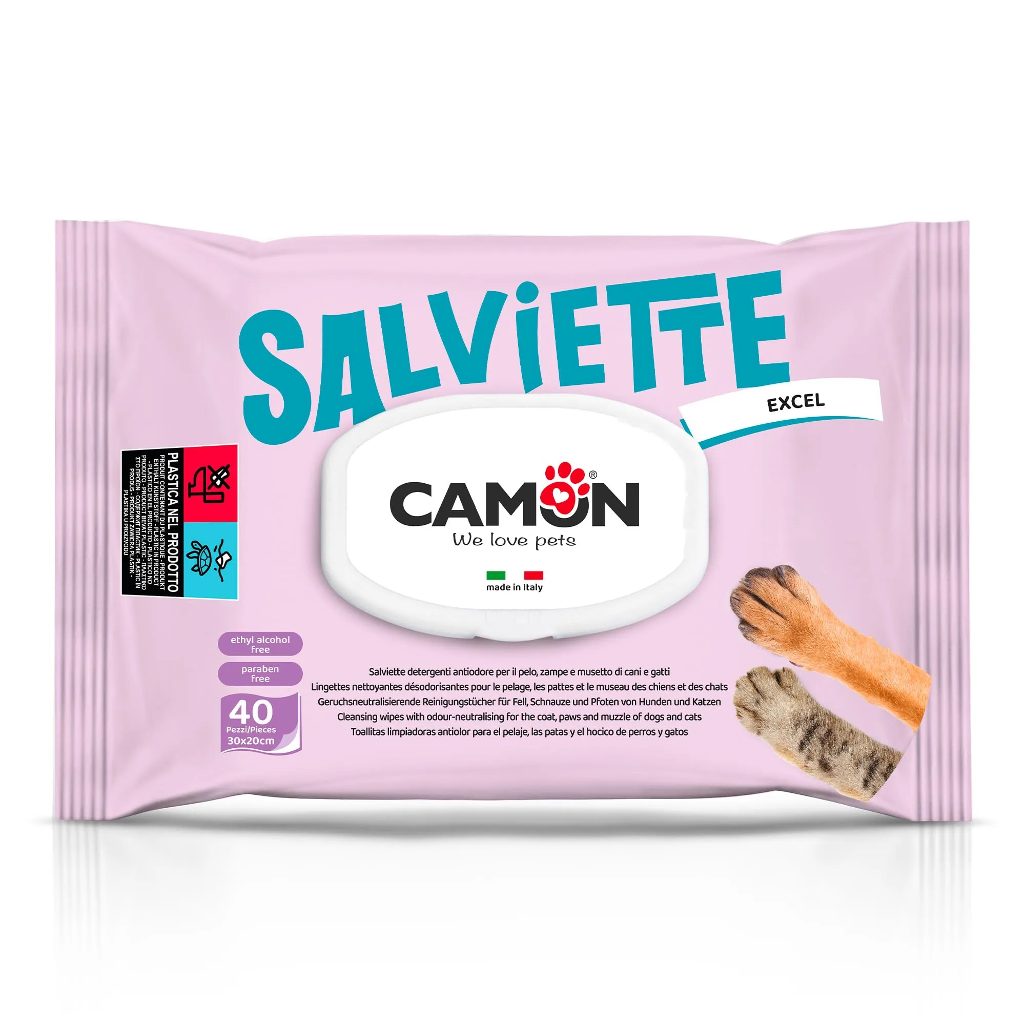 Camon Salviette Detergenti per Cani e Gatti, 30x20 cm, Fragranza Excel, 40 Salviettine - immagine 1