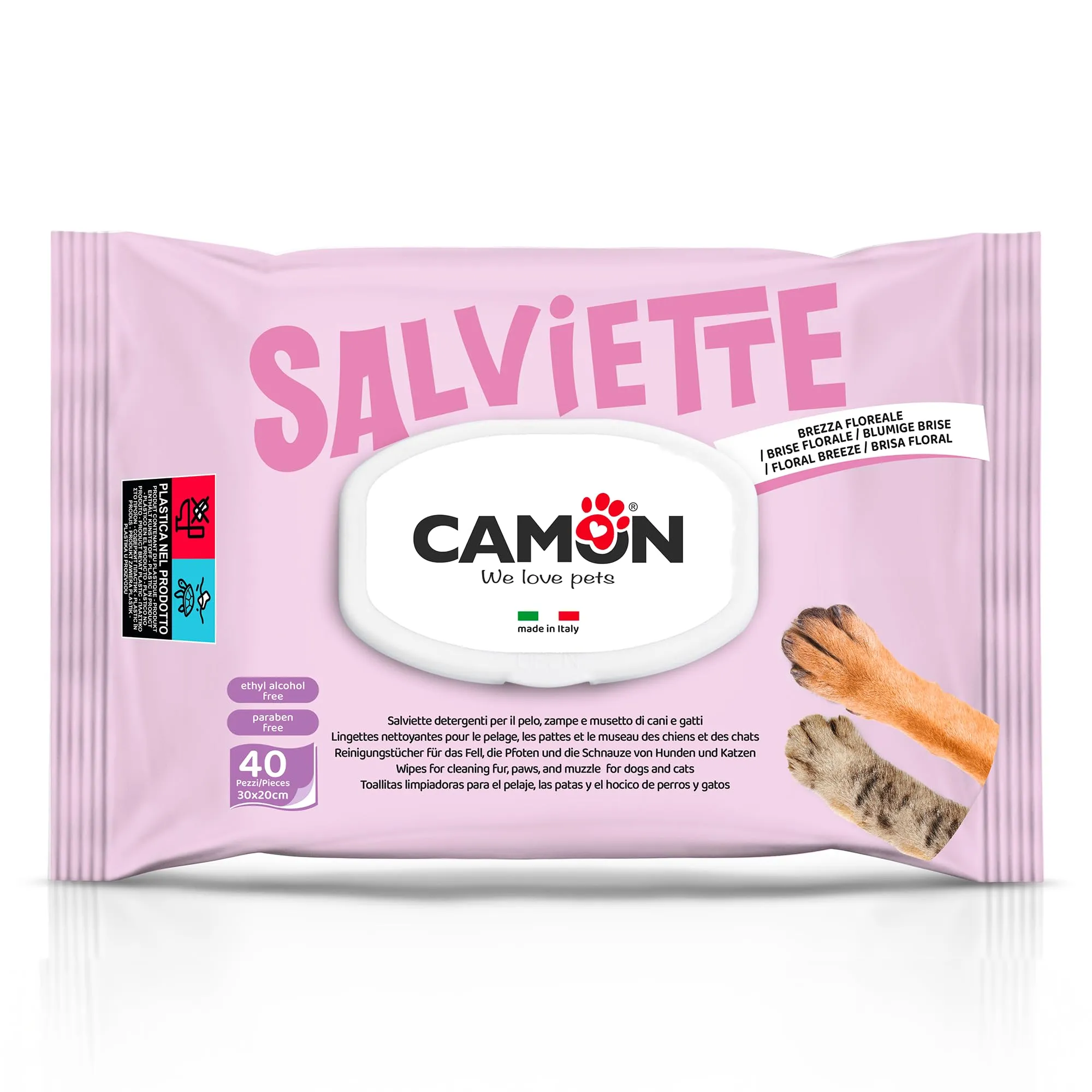 Camon Salviette Detergenti per Cani e Gatti, Box da 40 Salviette, 30x20cm - immagine 1