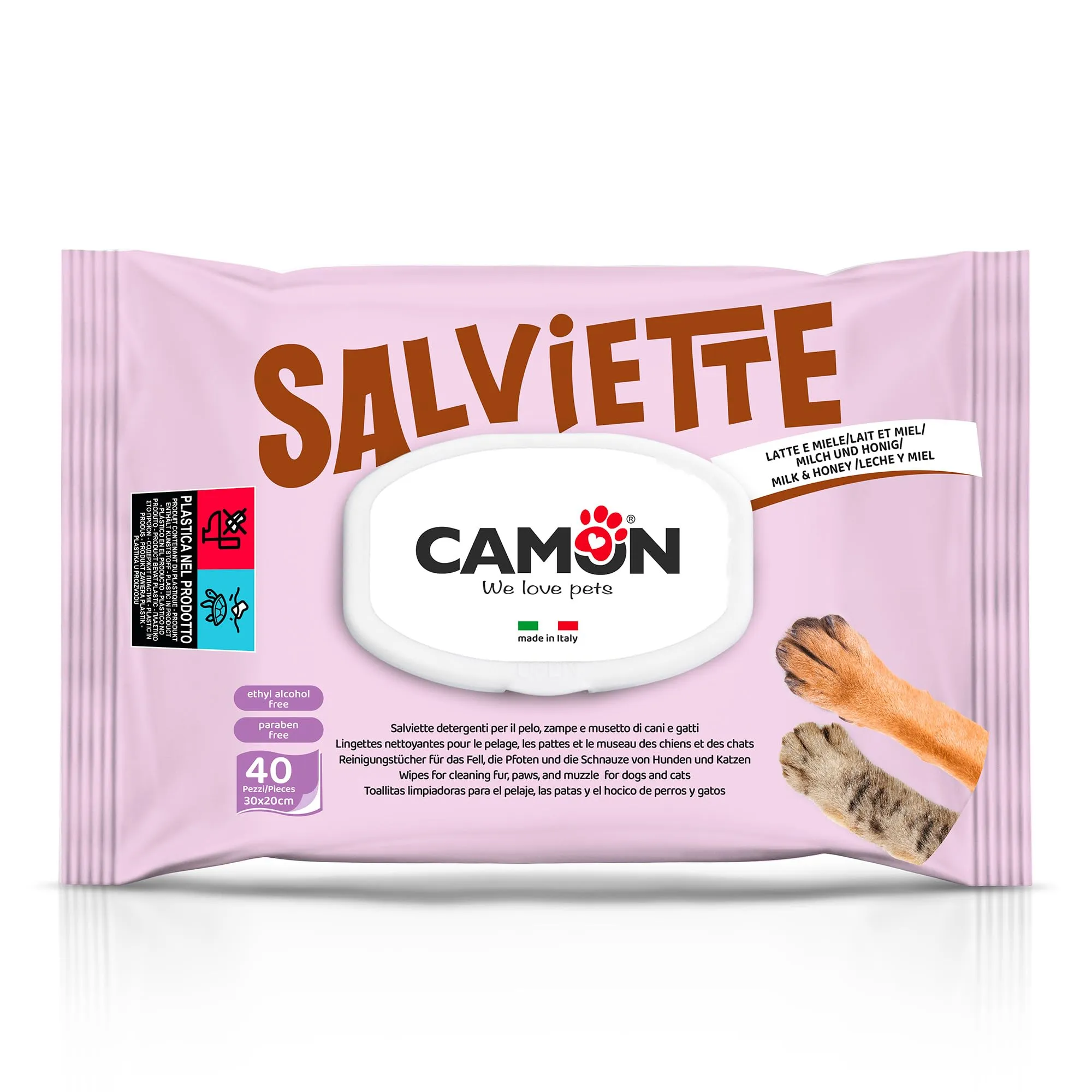 Camon Salviette Detergenti per Cani e Gatti, 30x20 cm, 40 Salviettine - immagine 1