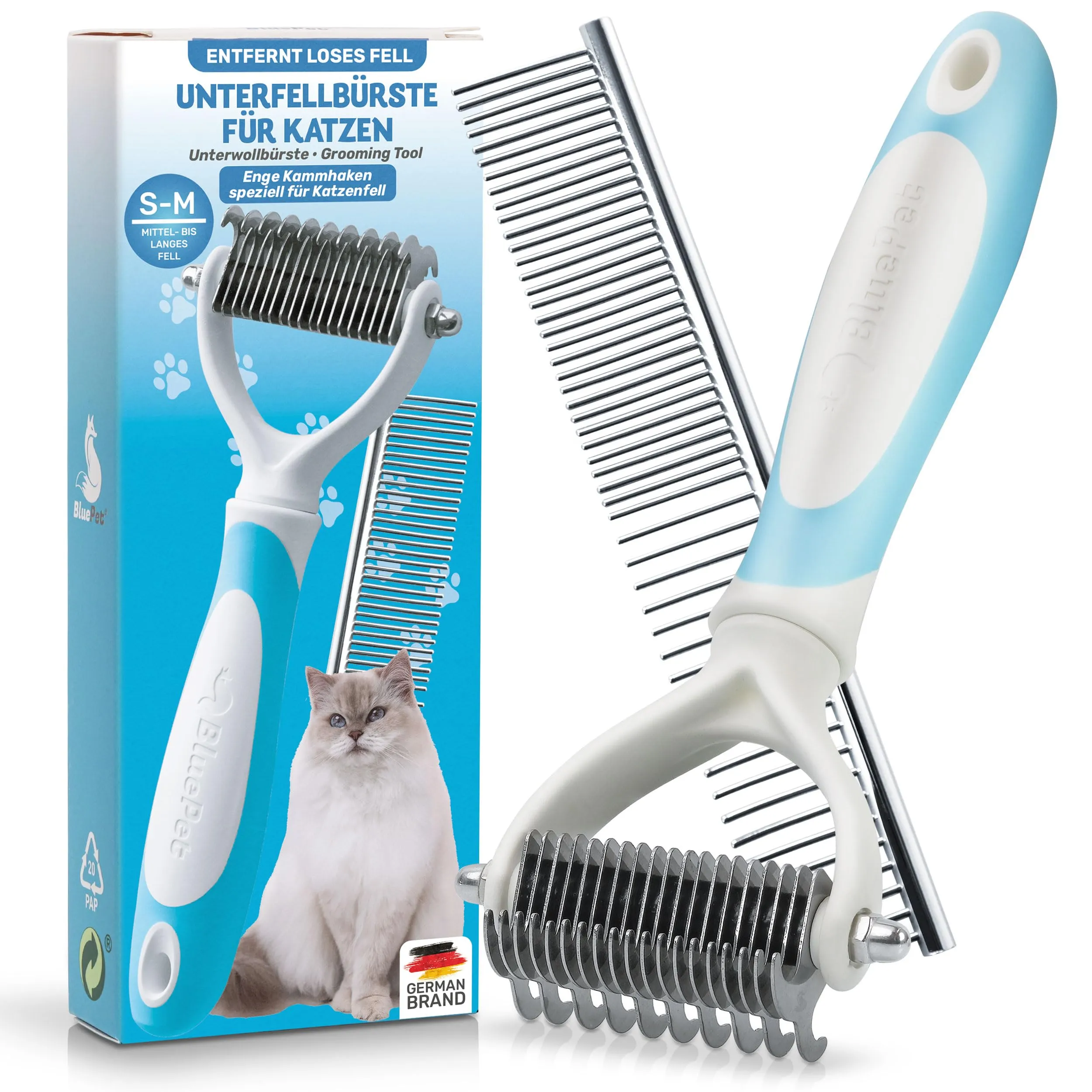 BluePet Spazzola per Gatti Pelo Lungo e Medio, Pettine Cardatore Sottopelo Doppia Faccia - immagine 1