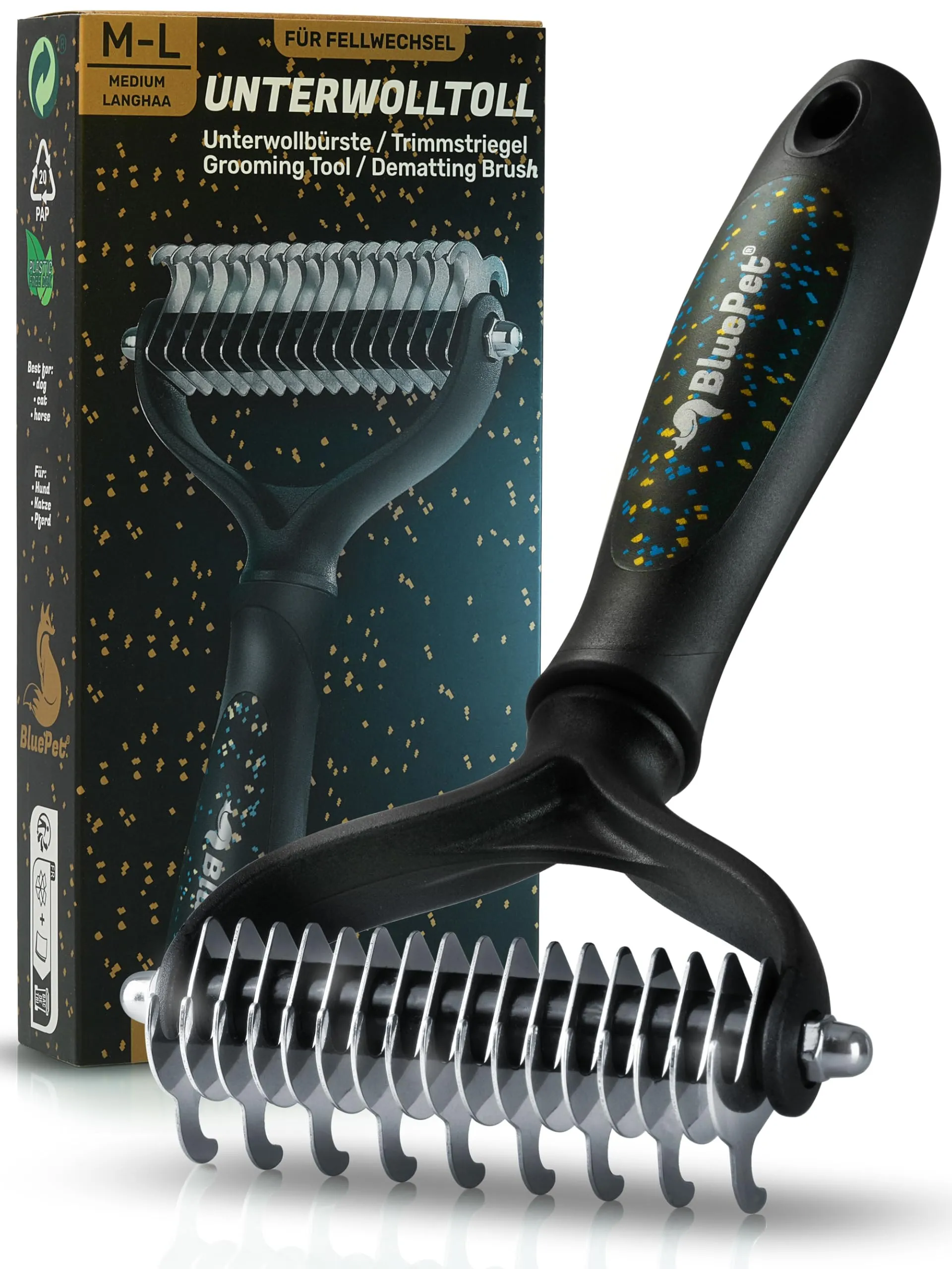 BluePet Spazzola per Cani e Gatti a Pelo Lungo e Medio, Pettine Cardatore Sottopelo, Doppia Faccia, M-L, Nero - immagine 1