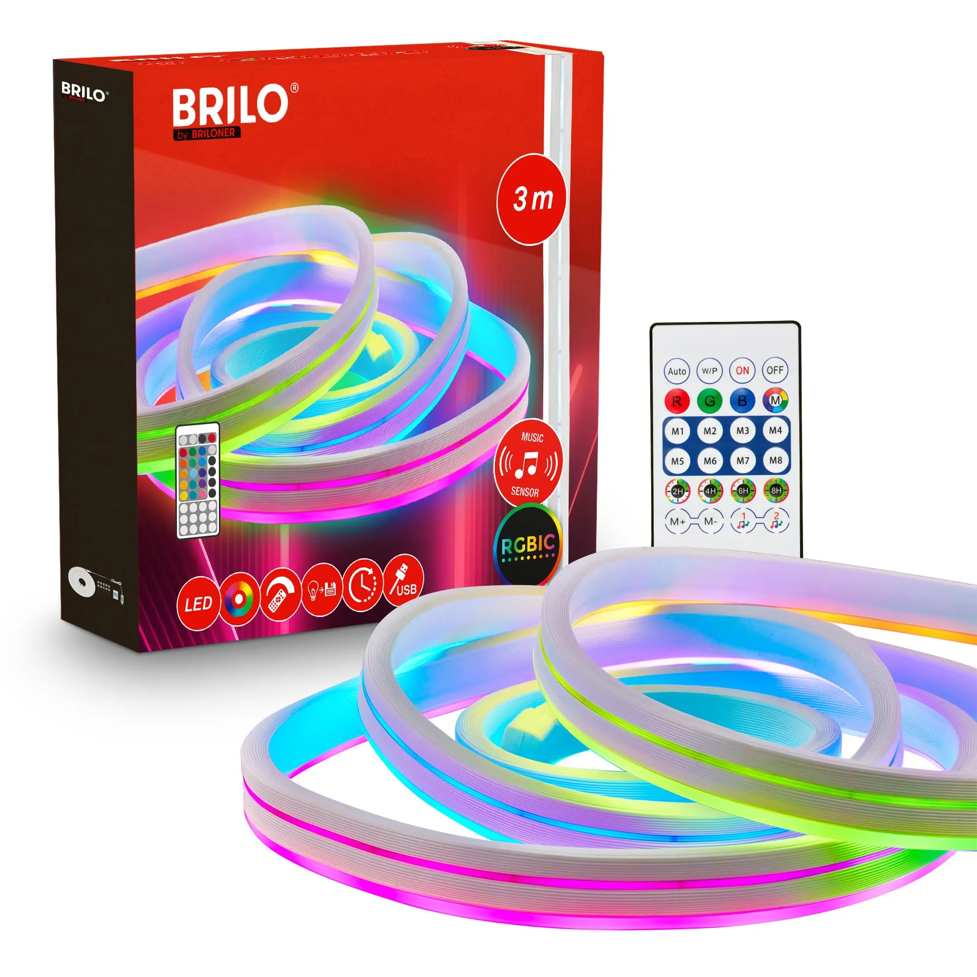 Briloner Striscia LED RGBIC 3m con Telecomando, Sensore Musicale e Alimentazione USB, Effetto Neon Flessibile - immagine 1