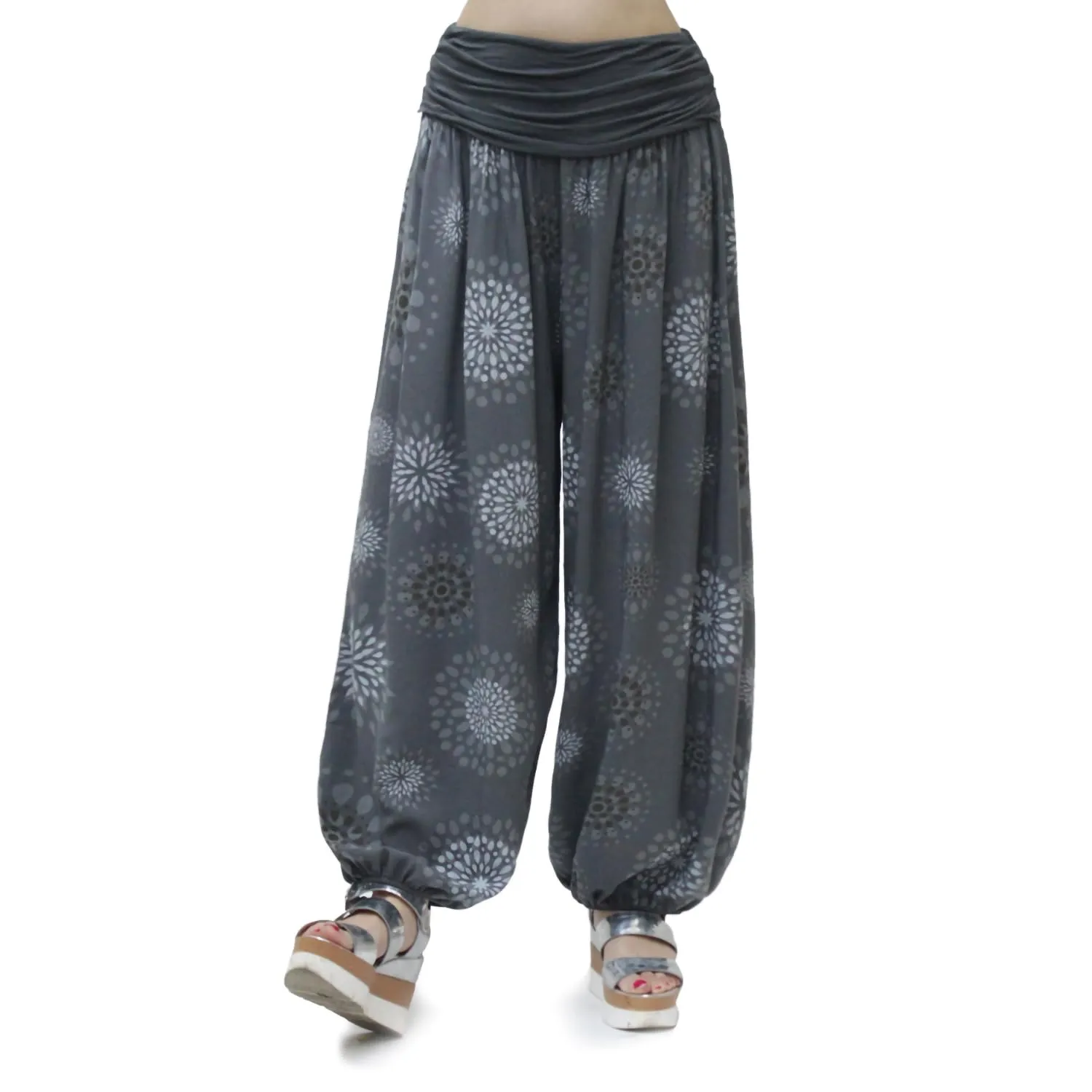 GLAMEXX24 Pantaloni Harem Donna Larga Casual per Yoga, Danza e Pilates con Tasche, Grigio Scuro Con Motivo A Cerchi - immagine 1