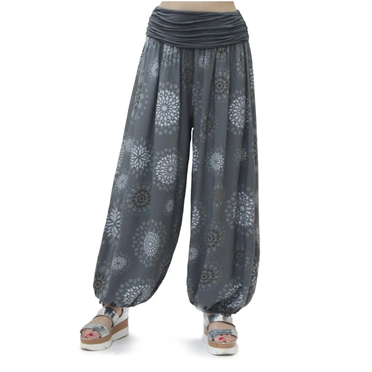 GLAMEXX24 Pantaloni Harem Donna Larga Casual per Yoga, Danza e Pilates con Tasche, Grigio Scuro Con Motivo A Cerchi - immagine 4