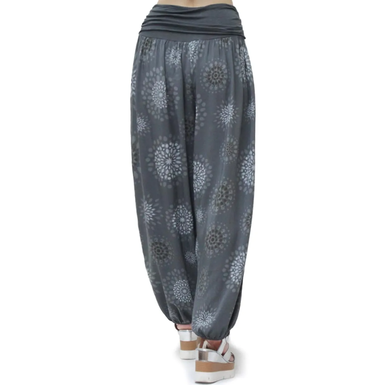 GLAMEXX24 Pantaloni Harem Donna Larga Casual per Yoga, Danza e Pilates con Tasche, Grigio Scuro Con Motivo A Cerchi - immagine 5