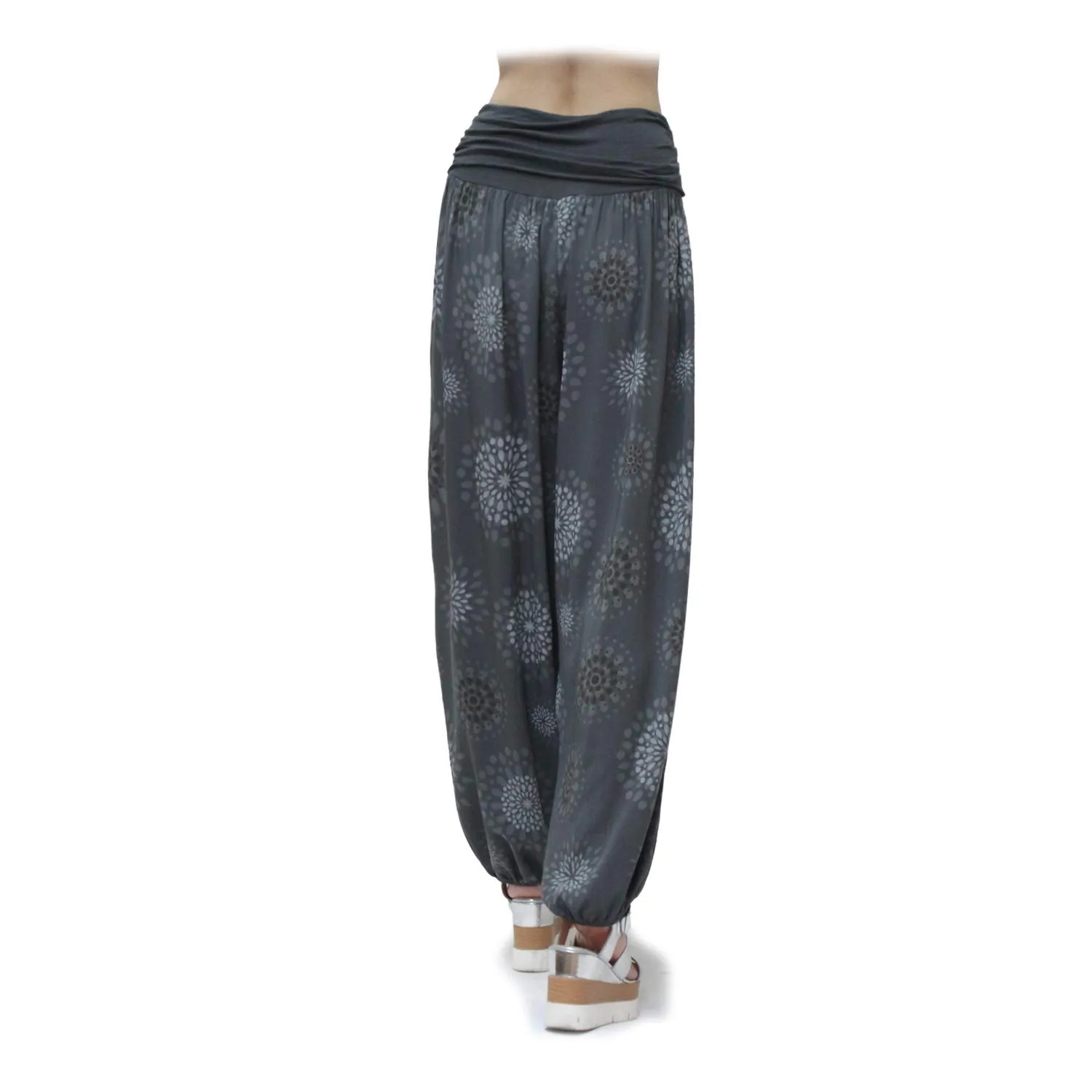 GLAMEXX24 Pantaloni Harem Donna Larga Casual per Yoga, Danza e Pilates con Tasche, Grigio Scuro Con Motivo A Cerchi - immagine 8