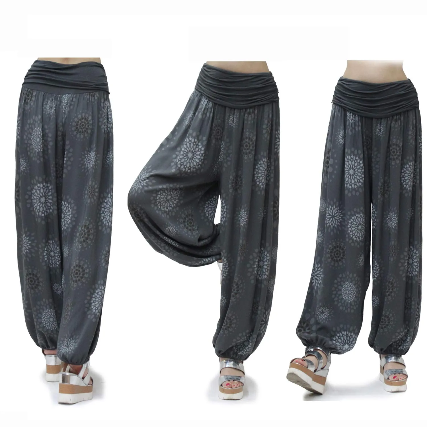 GLAMEXX24 Pantaloni Harem Donna Larga Casual per Yoga, Danza e Pilates con Tasche, Grigio Scuro Con Motivo A Cerchi - immagine 9