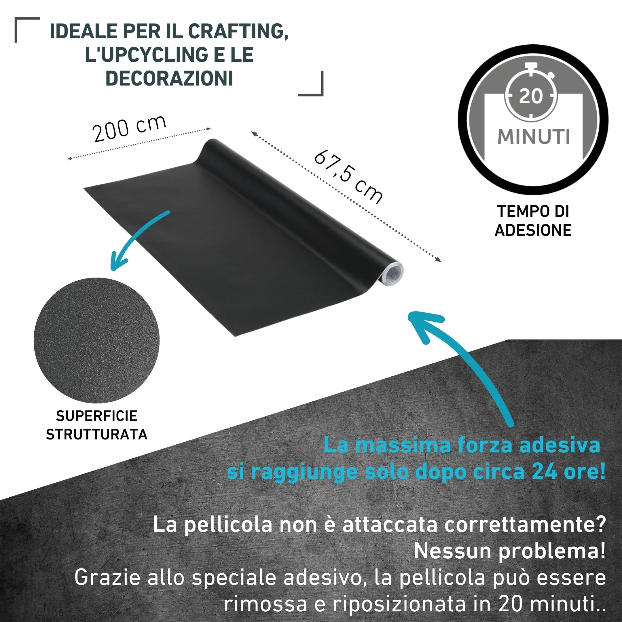 Venilia Pellicola Adesiva Nero, 67,5cm x 2m, Spessore 160μ, PVC senza ftalati - immagine 2