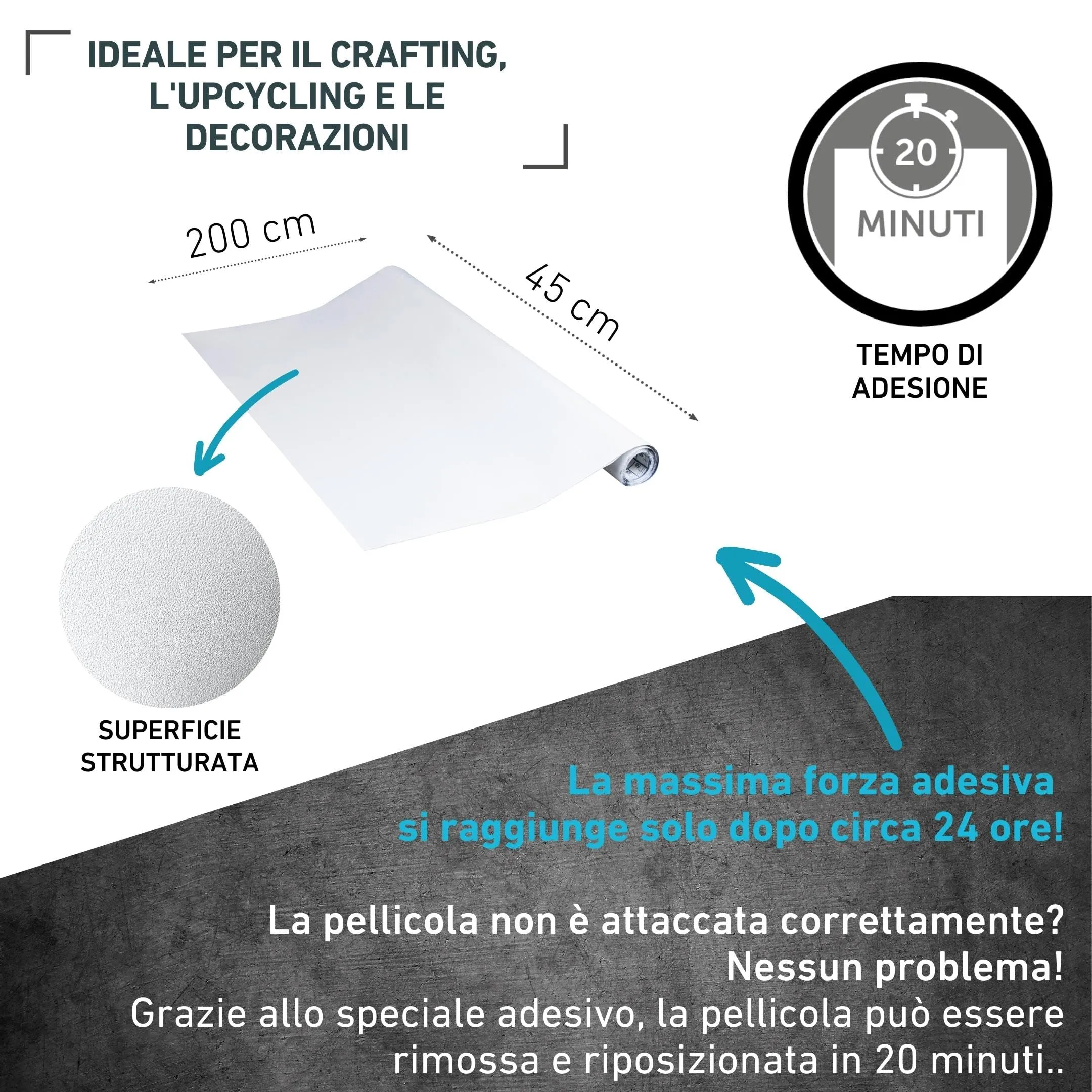 Venilia Pellicola Adesiva Bianco, 45cm x 2m, 160μ, PVC senza ftalati - immagine 2
