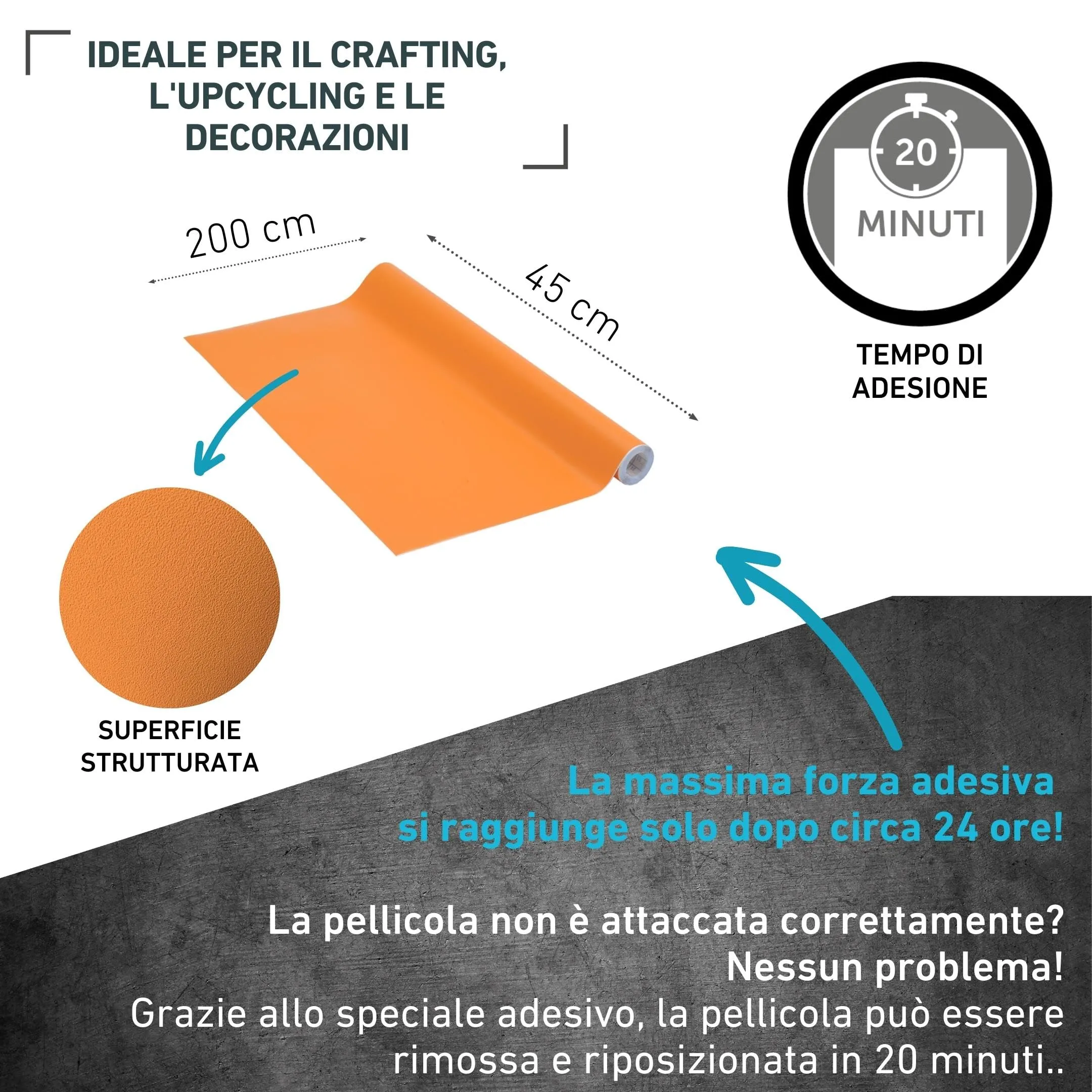 Venilia Pellicola Adesiva, Arancione Albicocca, 45cm x 2m, 160μ, PVC senza ftalati - immagine 2