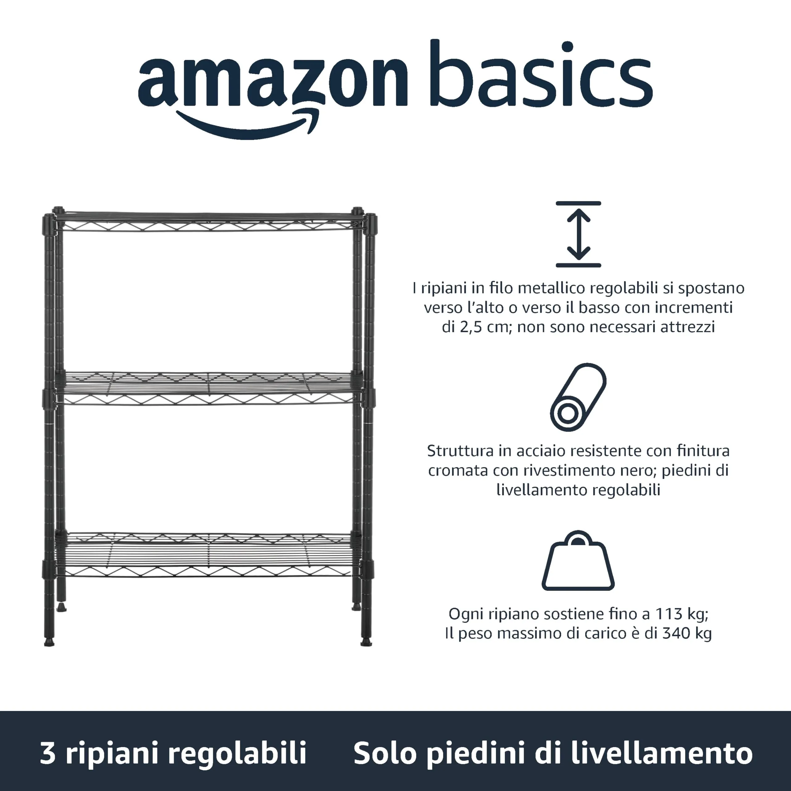 Amazon Basics Scaffaliera a 3 ripiani, Nero, 34 x 58.9 x 76.2 cm - immagine 3