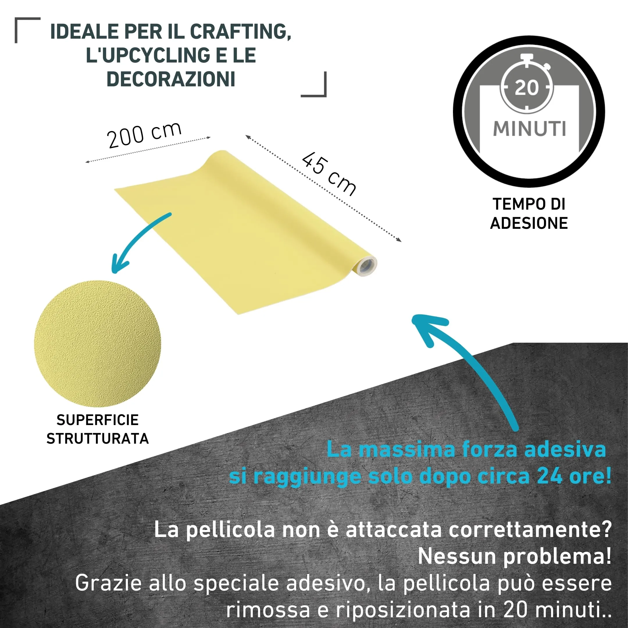 Venilia Pellicola Adesiva, Giallo Limone Pastello, 45cm x 2m, PVC senza ftalati - immagine 2
