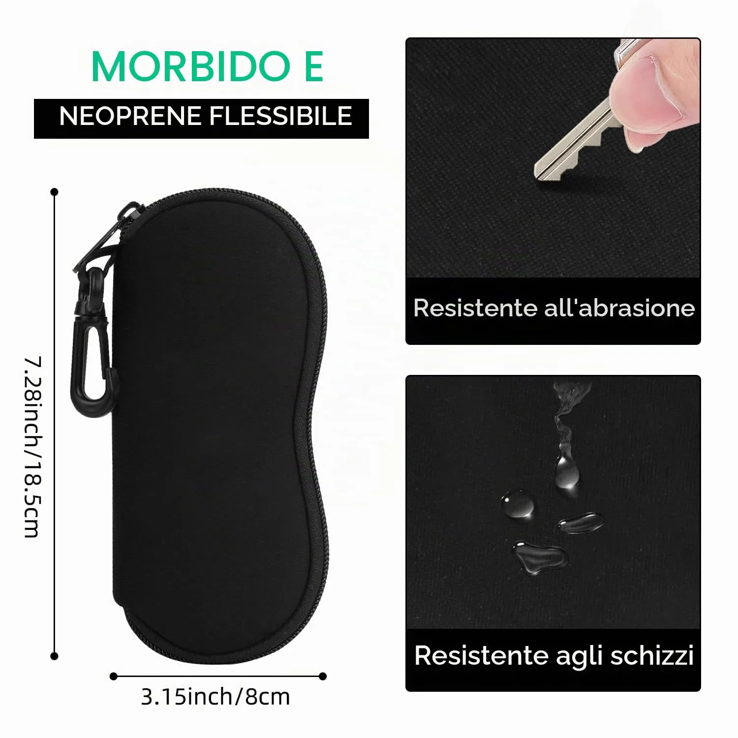 MoKo Custodia in Neoprene per Occhiali da Vista e da Sole con Cerniera e Clip, Nero, Taglia Unica - immagine 2