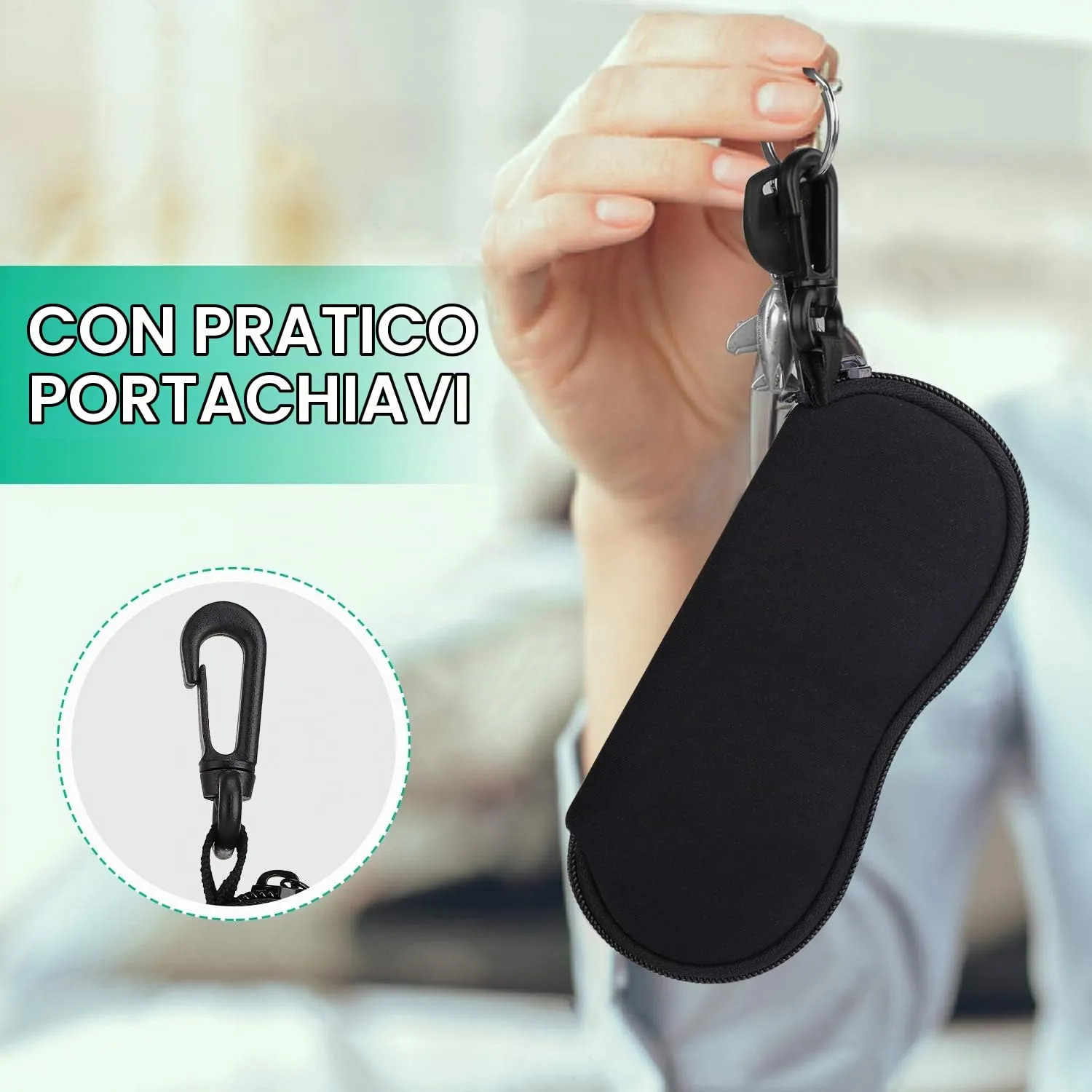 MoKo Custodia in Neoprene per Occhiali da Vista e da Sole con Cerniera e Clip, Nero, Taglia Unica - immagine 4