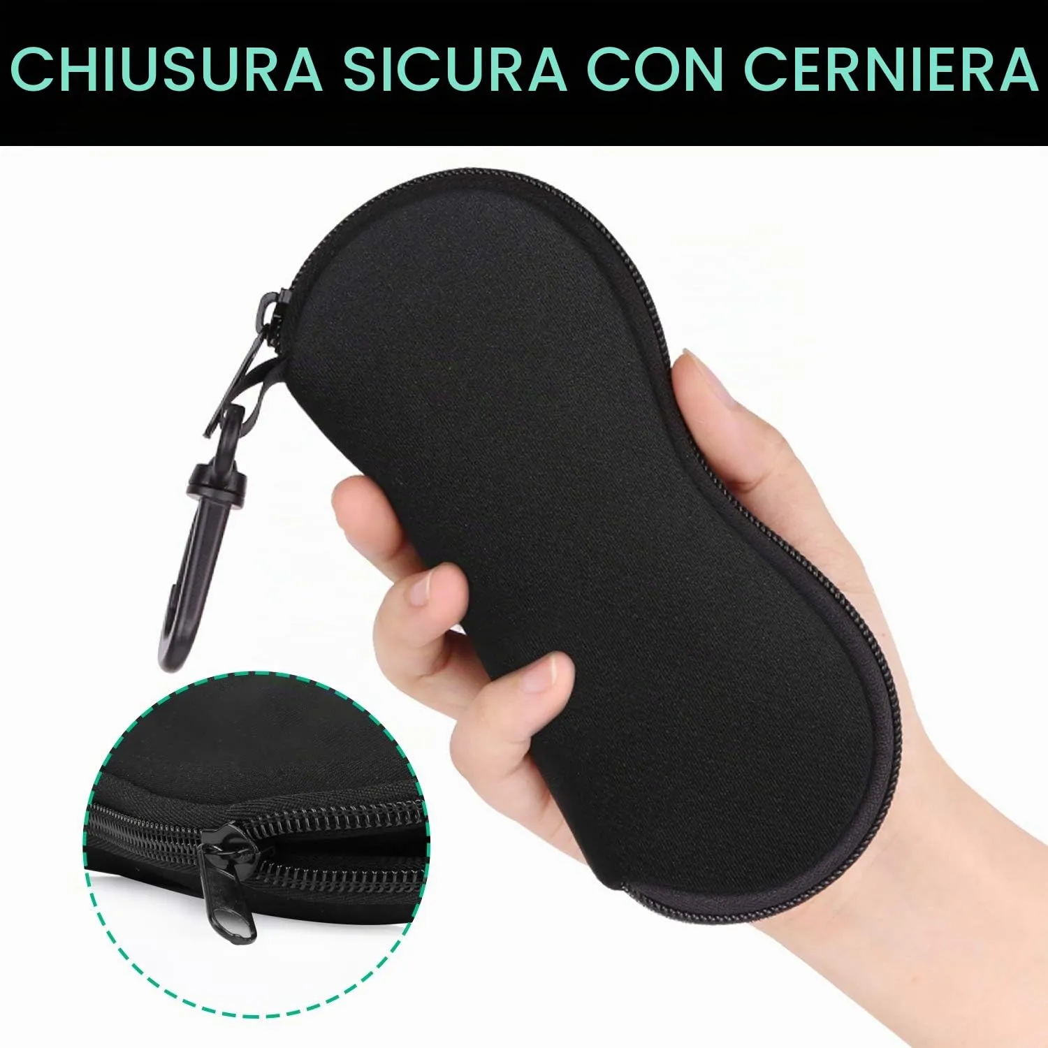 MoKo Custodia in Neoprene per Occhiali da Vista e da Sole con Cerniera e Clip, Nero, Taglia Unica - immagine 5