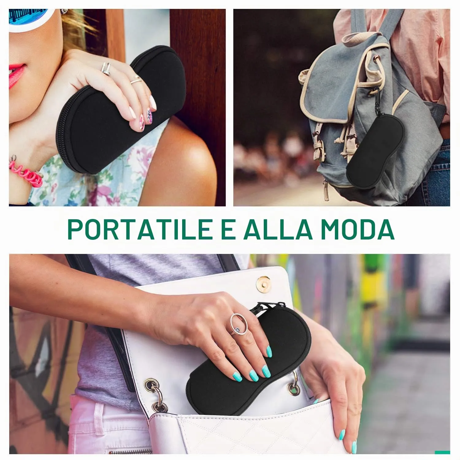 MoKo Custodia in Neoprene per Occhiali da Vista e da Sole con Cerniera e Clip, Nero, Taglia Unica - immagine 6