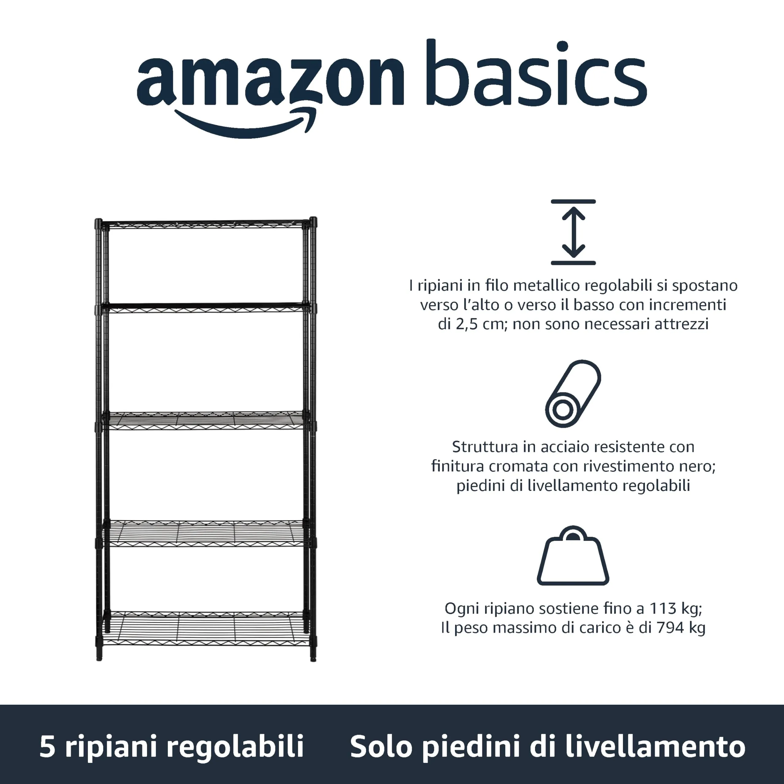 Amazon Basics Scaffaliera a 5 ripiani, Nero, 36 x 91 x 183 cm - immagine 2
