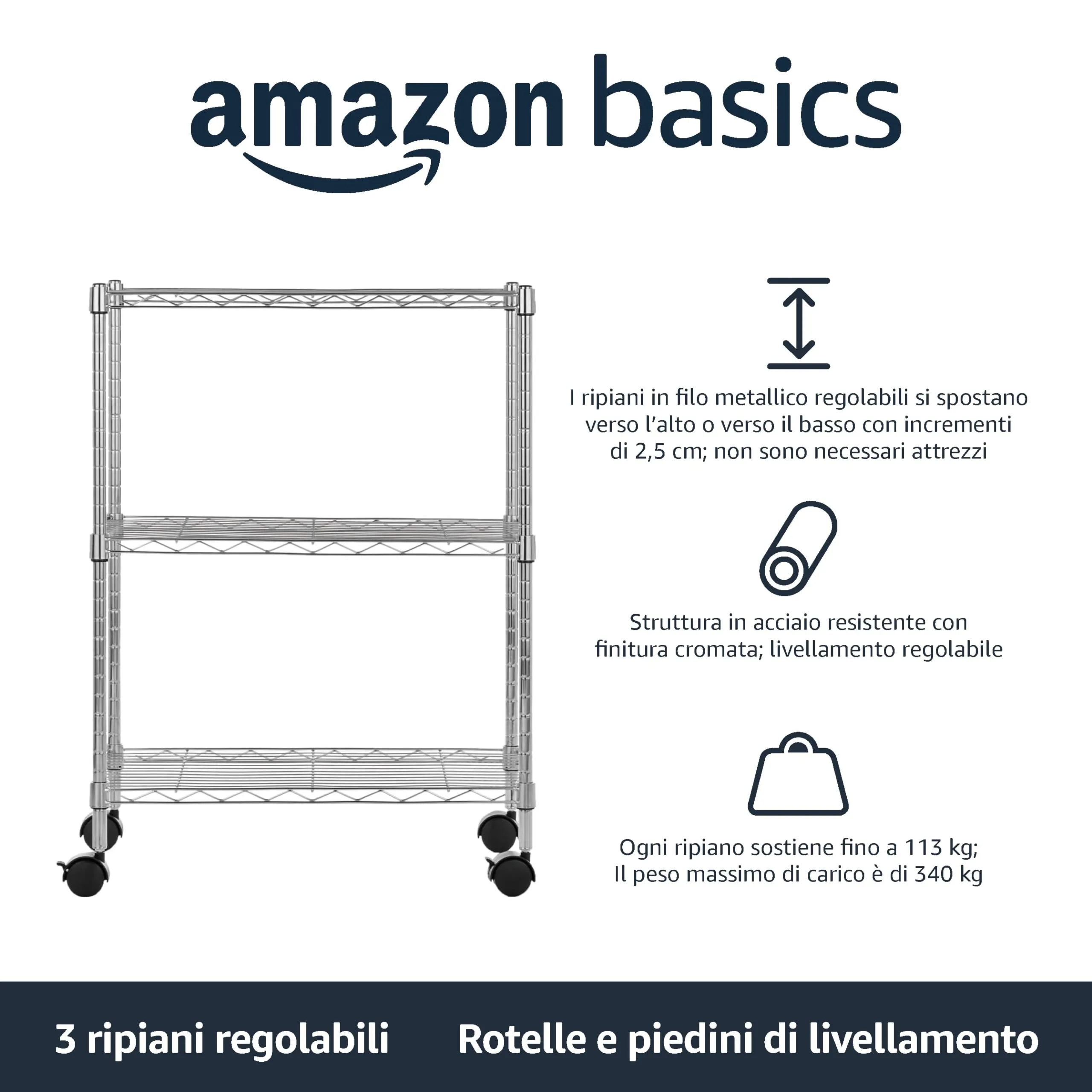 Amazon Basics Scaffaliera a 3 ripiani con rotelle e piedini regolabili, Cromo, 34 x 58.9 x 83.2 cm - immagine 2