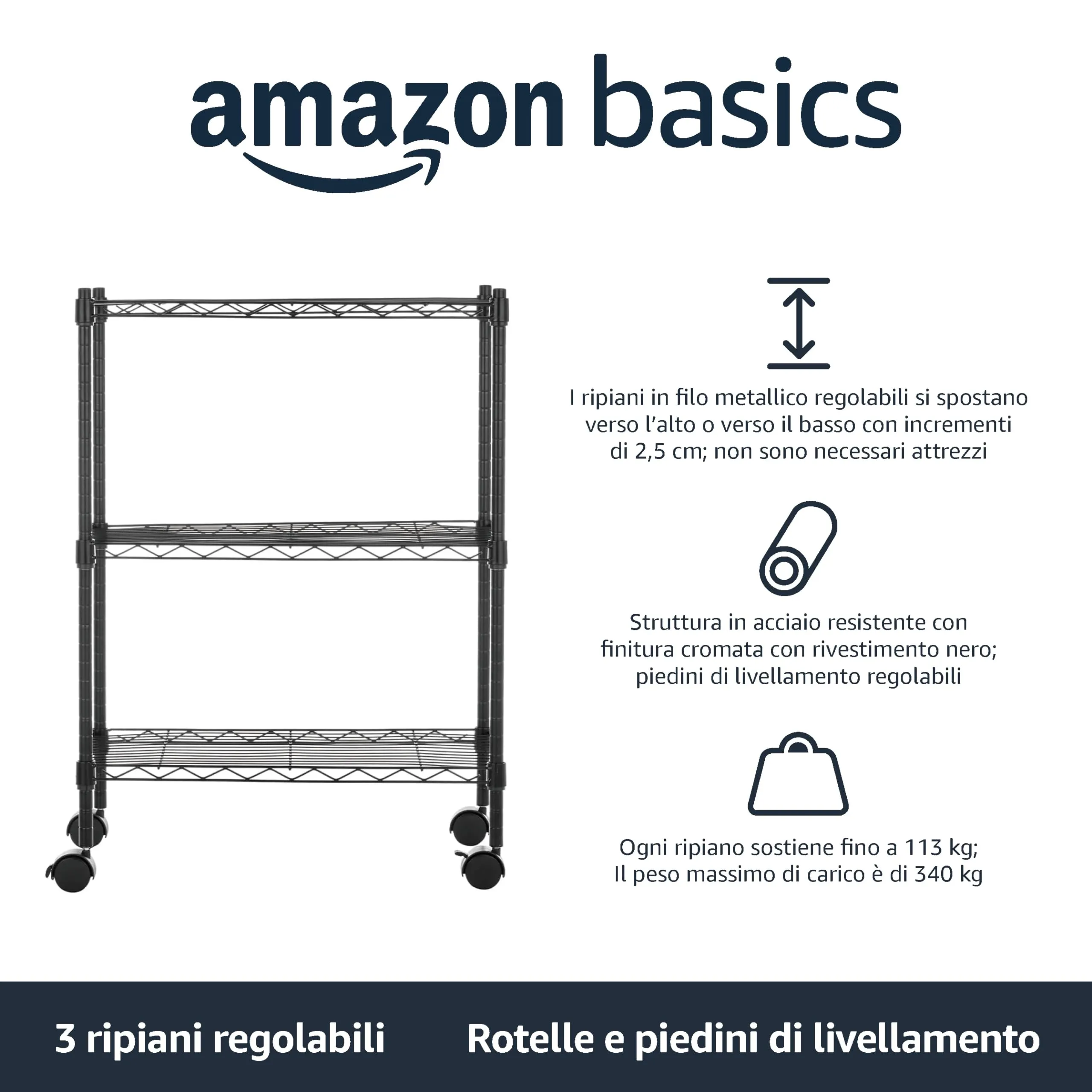 Amazon Basics Scaffaliera a 3 Ripiani con Rotelle, Nero, 34 x 58.9 x 83.2 cm - immagine 2