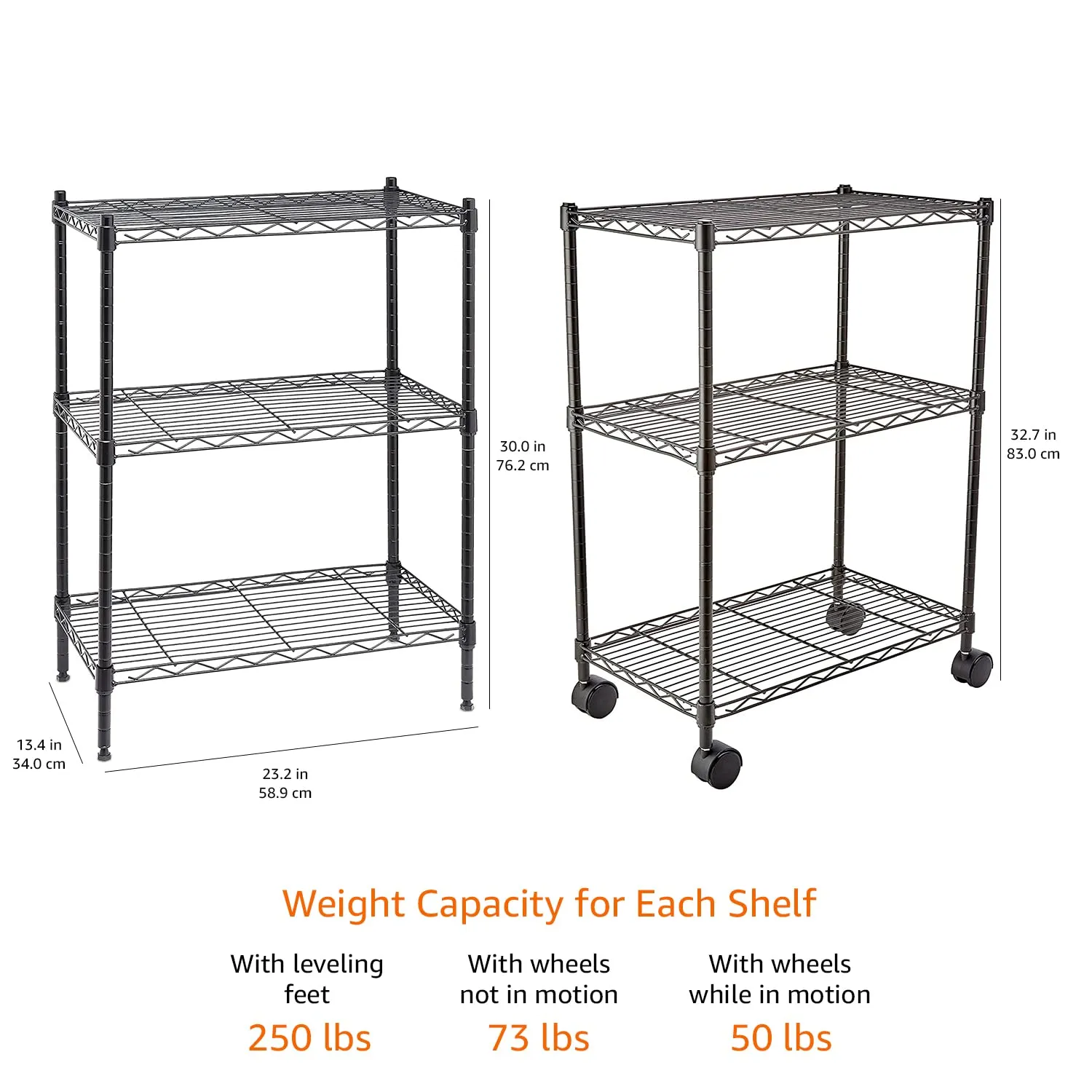 Amazon Basics Scaffaliera a 3 Ripiani con Rotelle, Nero, 34 x 58.9 x 83.2 cm - immagine 5
