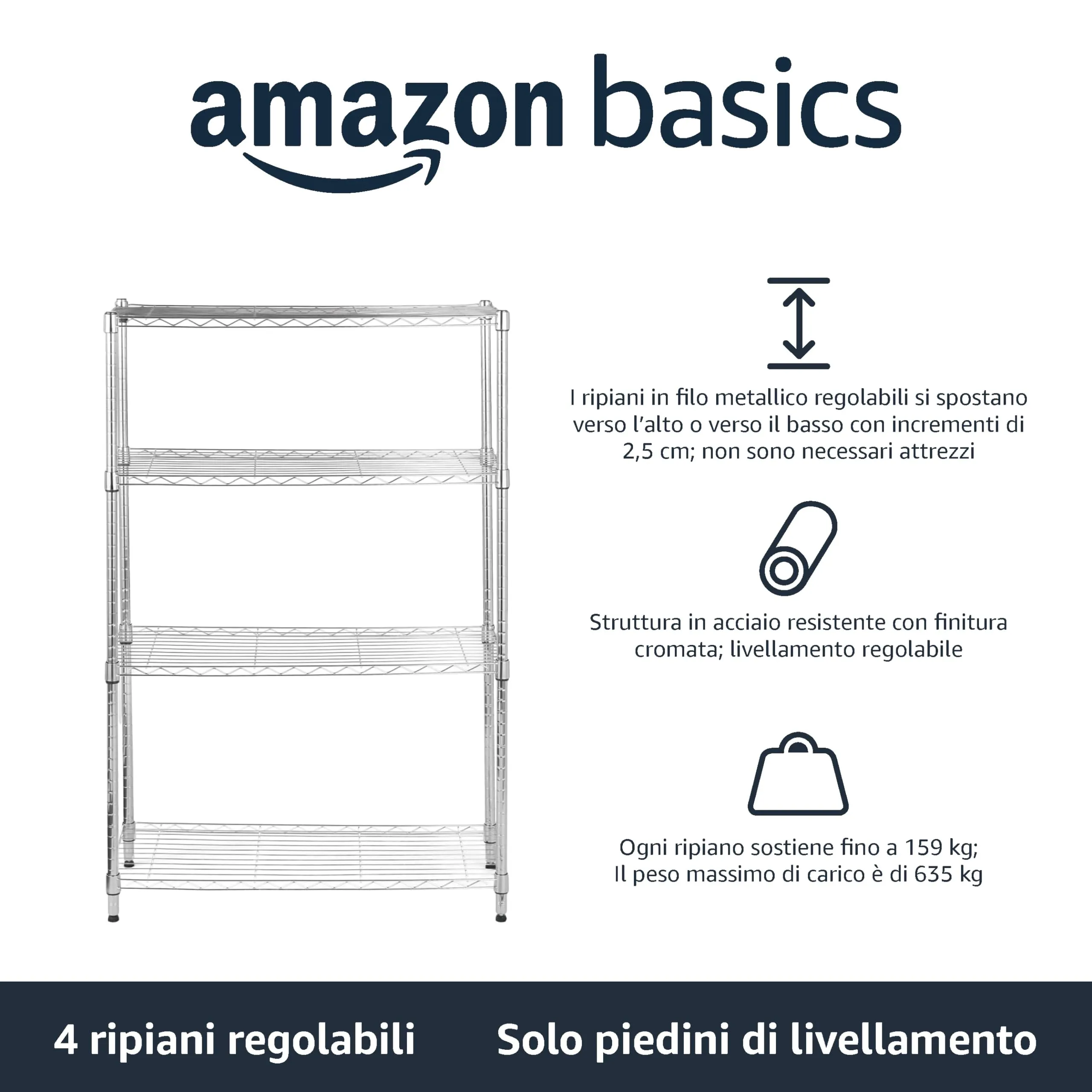 Amazon Basics Scaffaliera a 4 ripiani, Cromo, 35.6 x 91.4 x 137.1 cm - immagine 2