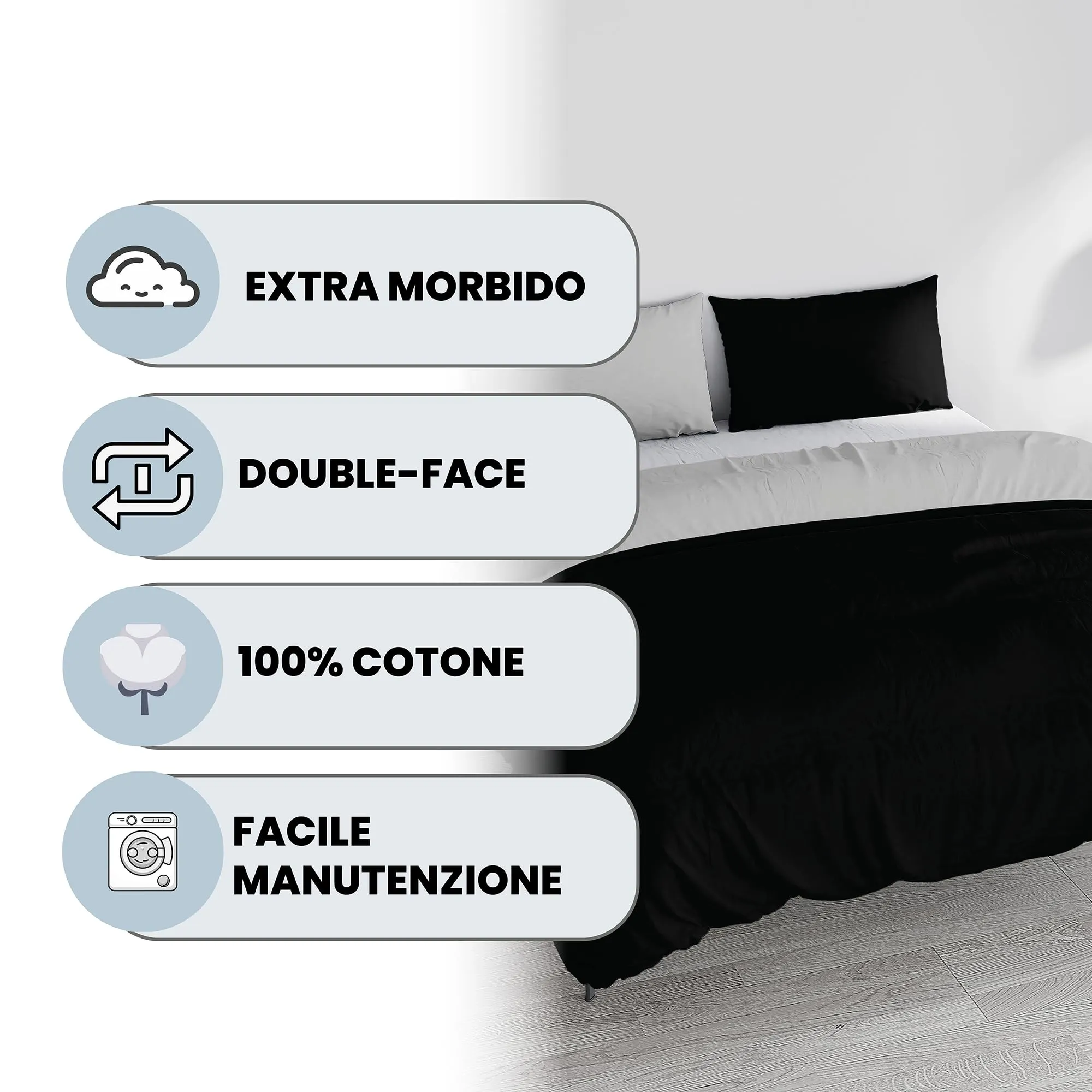 Italian Bed Linen Set Copripiumino 100% Cotone, Matrimoniale, 250x200 cm, Nero/Grigio Chiaro - immagine 2