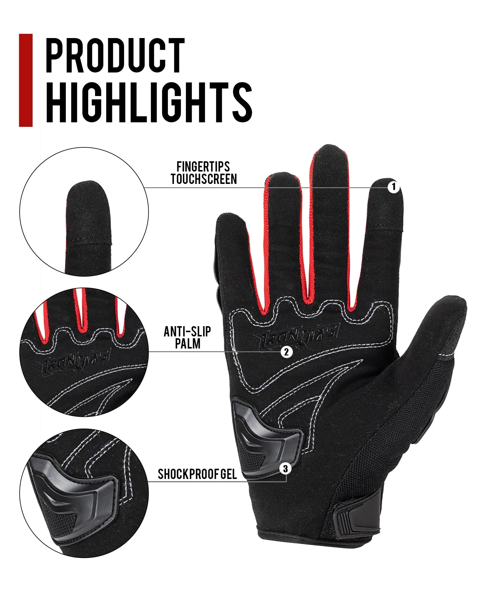 IRON JIA'S Guanti da Moto Estivi Touch Screen Traspiranti, Rosso-M - immagine 2
